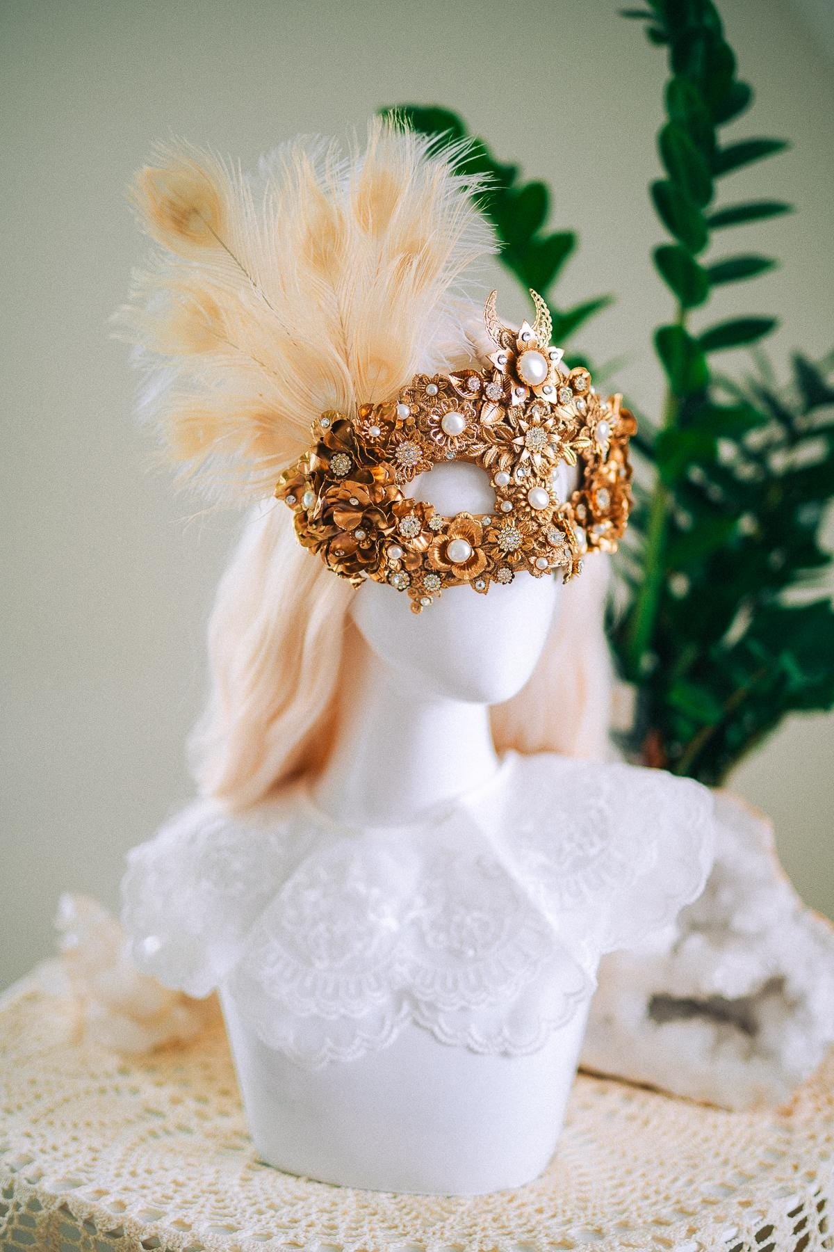 Golden Pearl Masquerade Mask: Venetian Feather Goddess Bridal Accessory