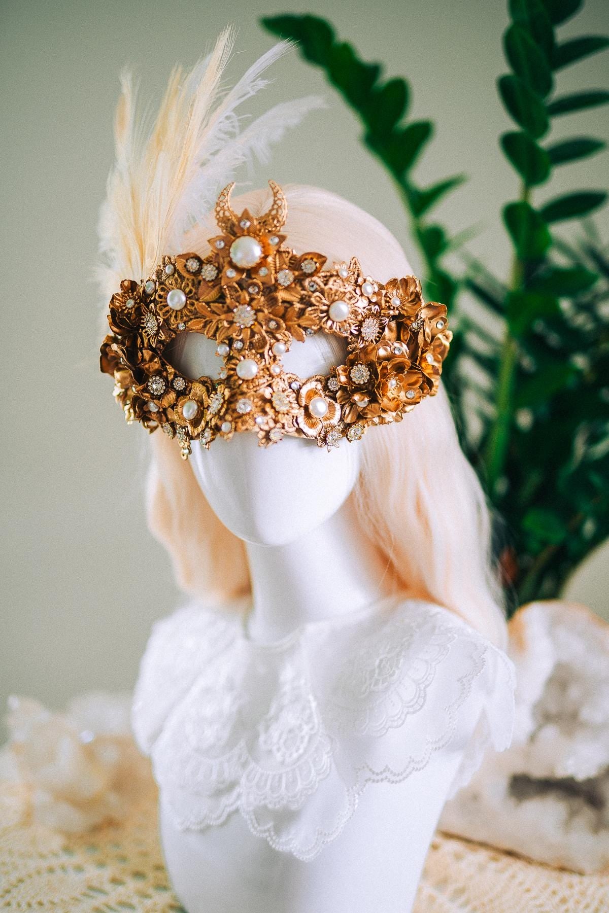 Golden Pearl Masquerade Mask: Venetian Feather Goddess Bridal Accessory