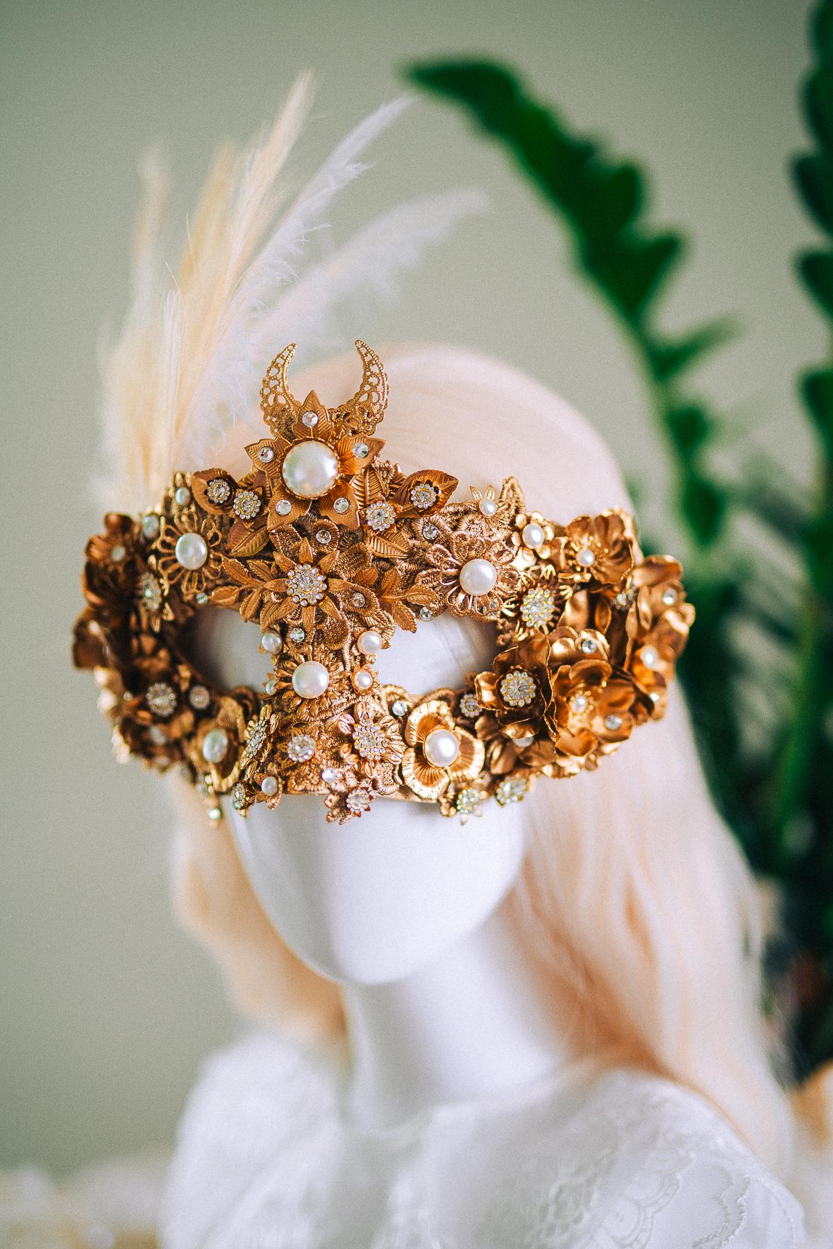 Golden Pearl Masquerade Mask: Venetian Feather Goddess Bridal Accessory
