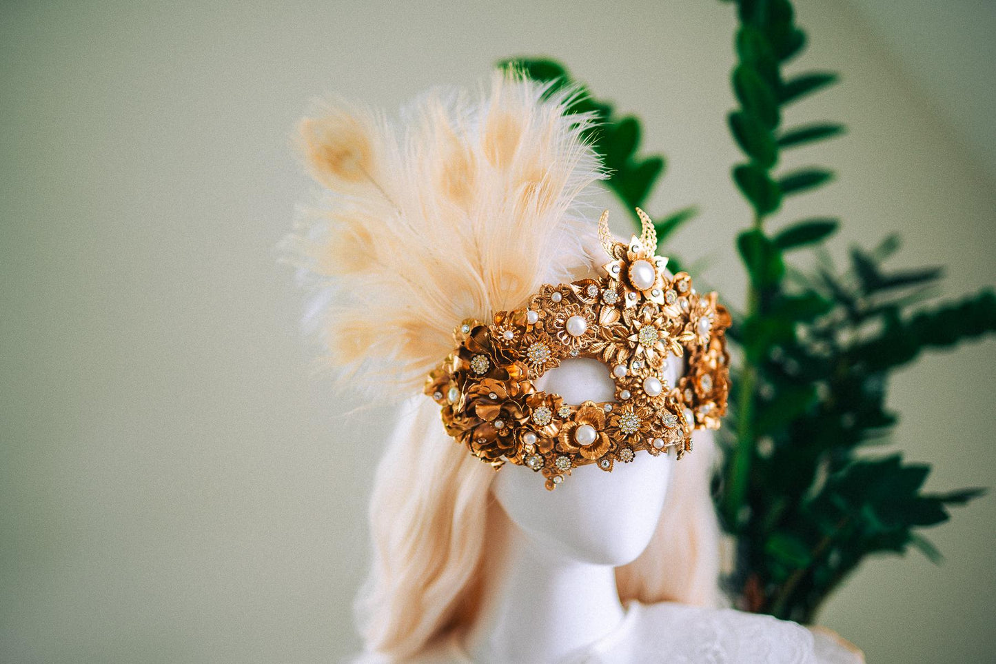 Golden Pearl Masquerade Mask: Venetian Feather Goddess Bridal Accessory