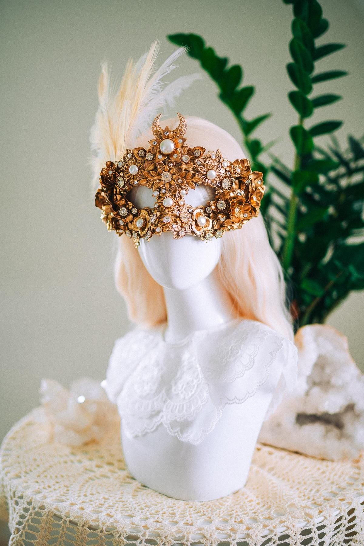 Golden Pearl Masquerade Mask: Venetian Feather Goddess Bridal Accessory