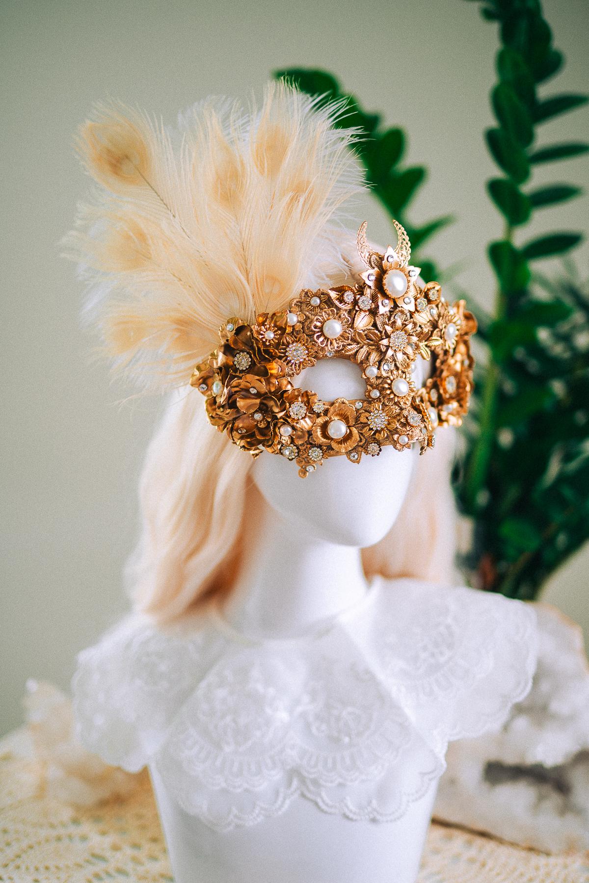 Golden Pearl Masquerade Mask: Venetian Feather Goddess Bridal Accessory