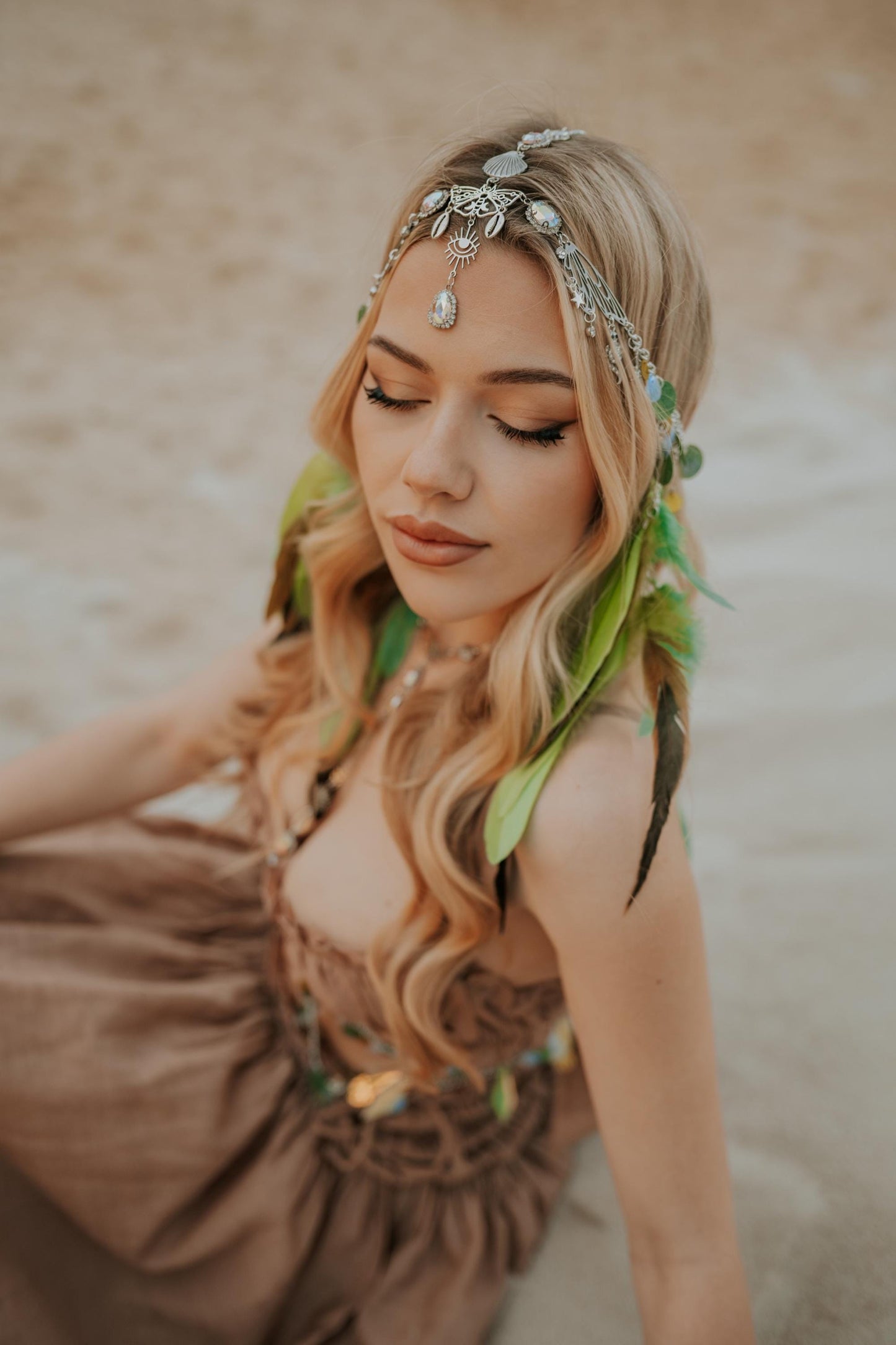 Celestial Feather Headpiece Festival Crown Beach Goddess Hair Chain