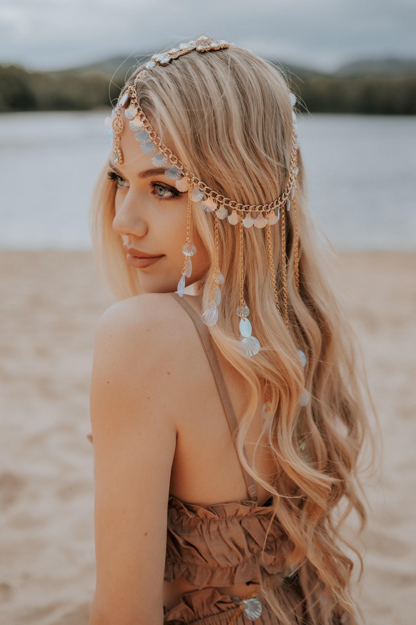 Gold Seashell Headpiece Beach Goddess Festival Crown Coastal Hair Chain