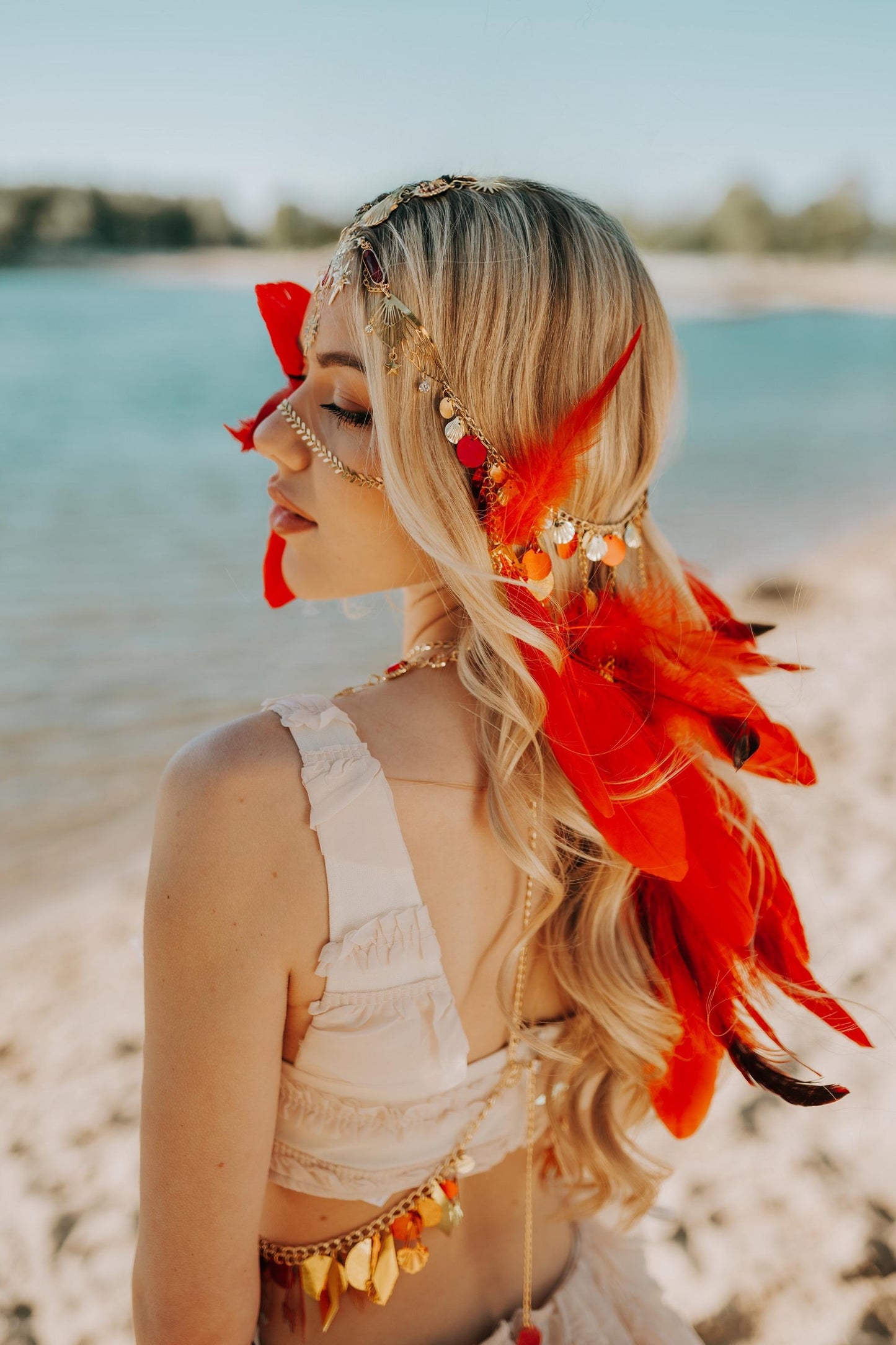 Celestial Phoenix Feather Headpiece Red Festival Goddess Crown