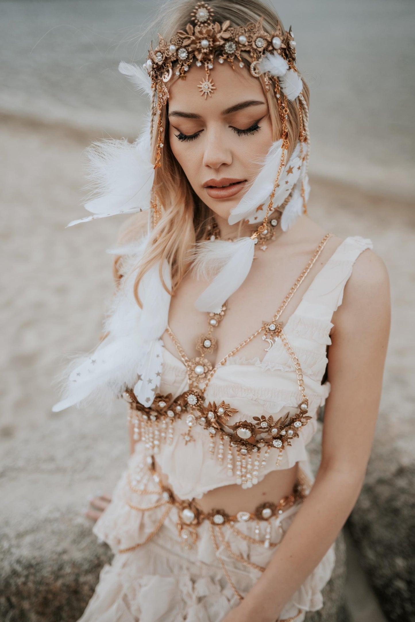 Celestial Moon Goddess Crown Pearl Feather Festival Headpiece