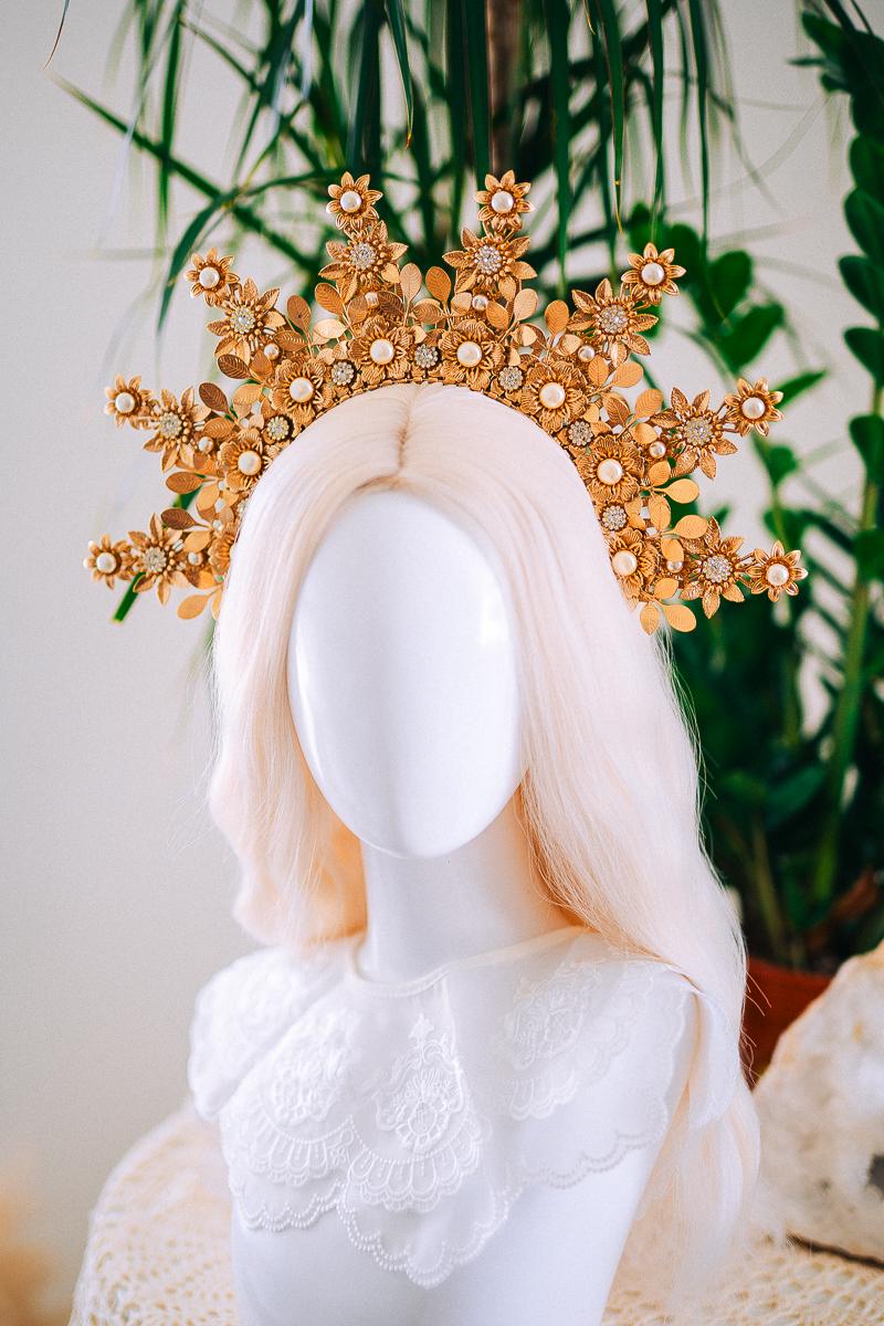 Golden Floral Halo Crown Bridal Headpiece Wedding Crown Goddess Tiara