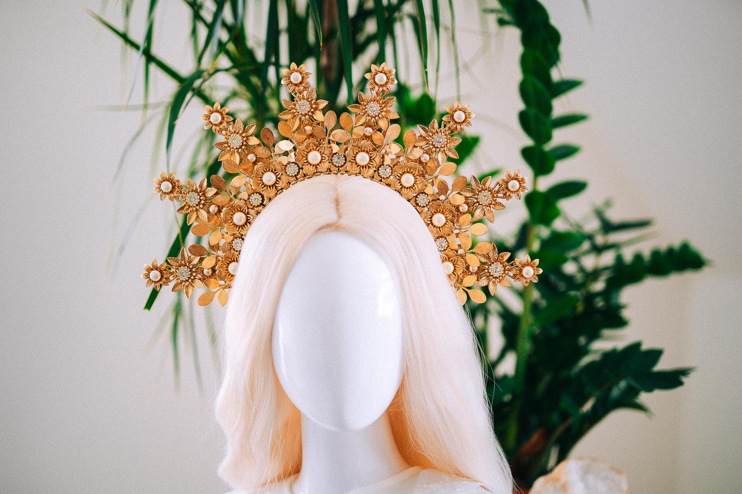 Golden Floral Halo Crown Bridal Headpiece Wedding Crown Goddess Tiara