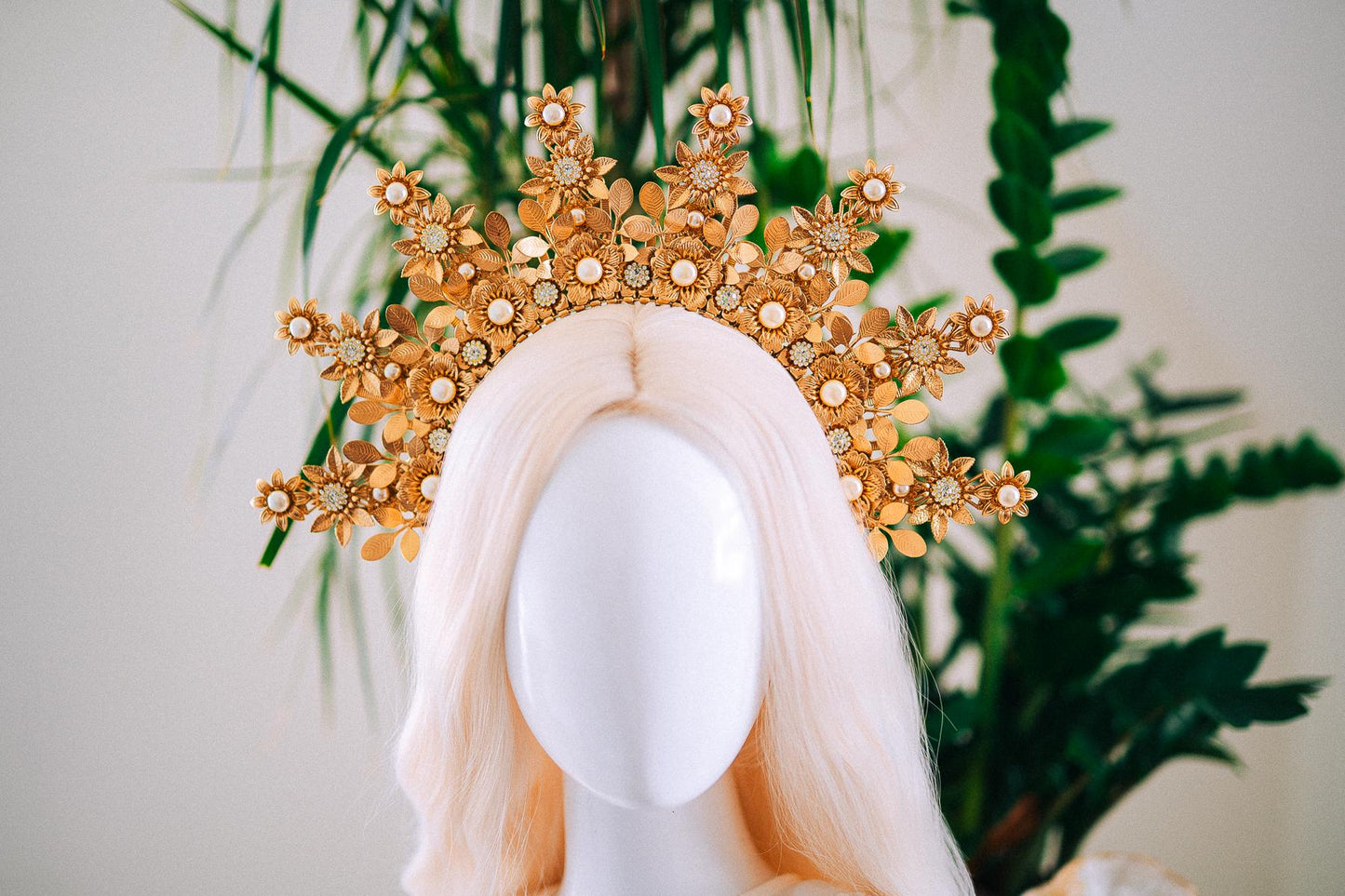 Golden Floral Halo Crown Bridal Headpiece Wedding Crown Goddess Tiara