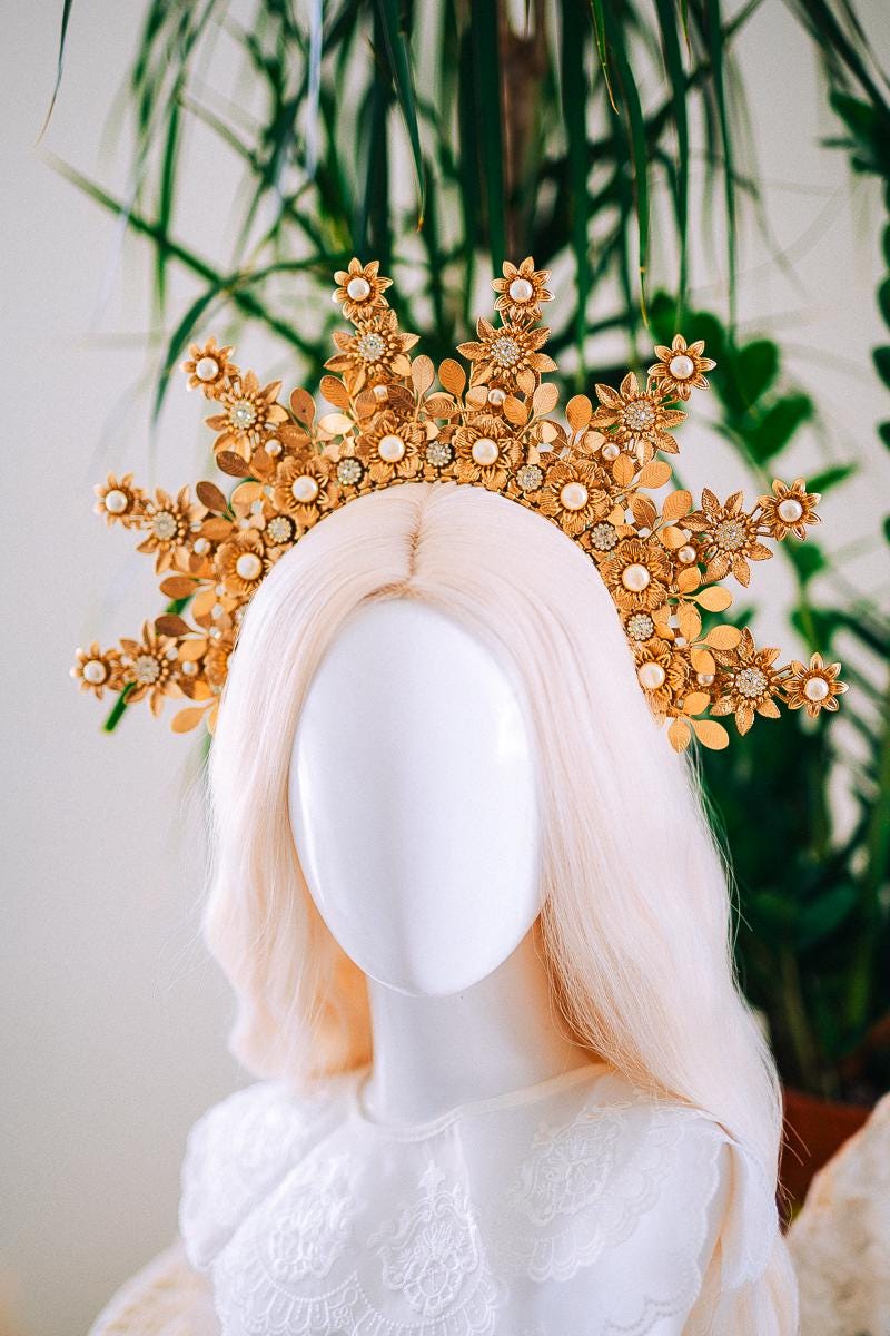 Golden Floral Halo Crown Bridal Headpiece Wedding Crown Goddess Tiara