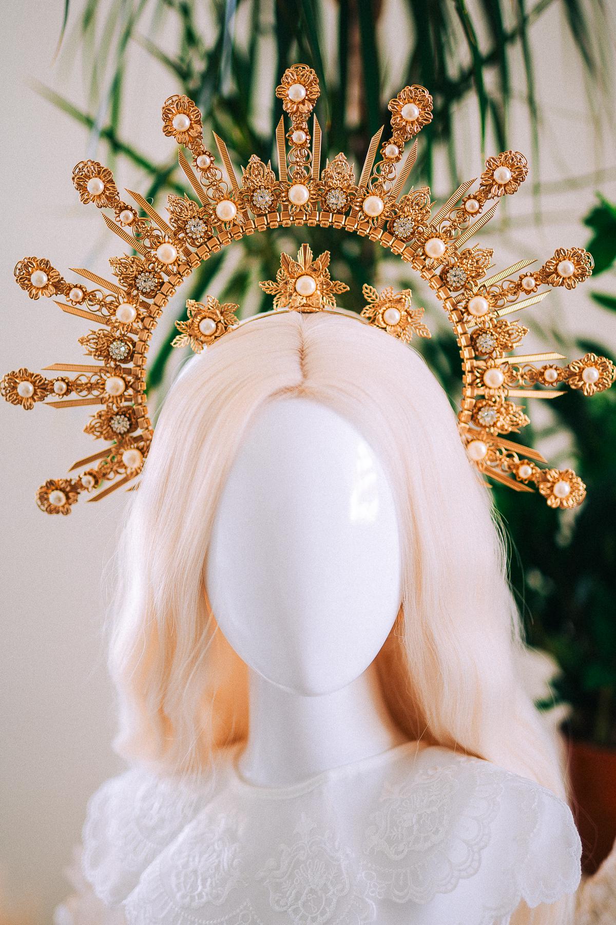 Celestial Halo Crown Gold Bridal Crown Wedding Headpiece Goddess Tiara Sun Halo Crown