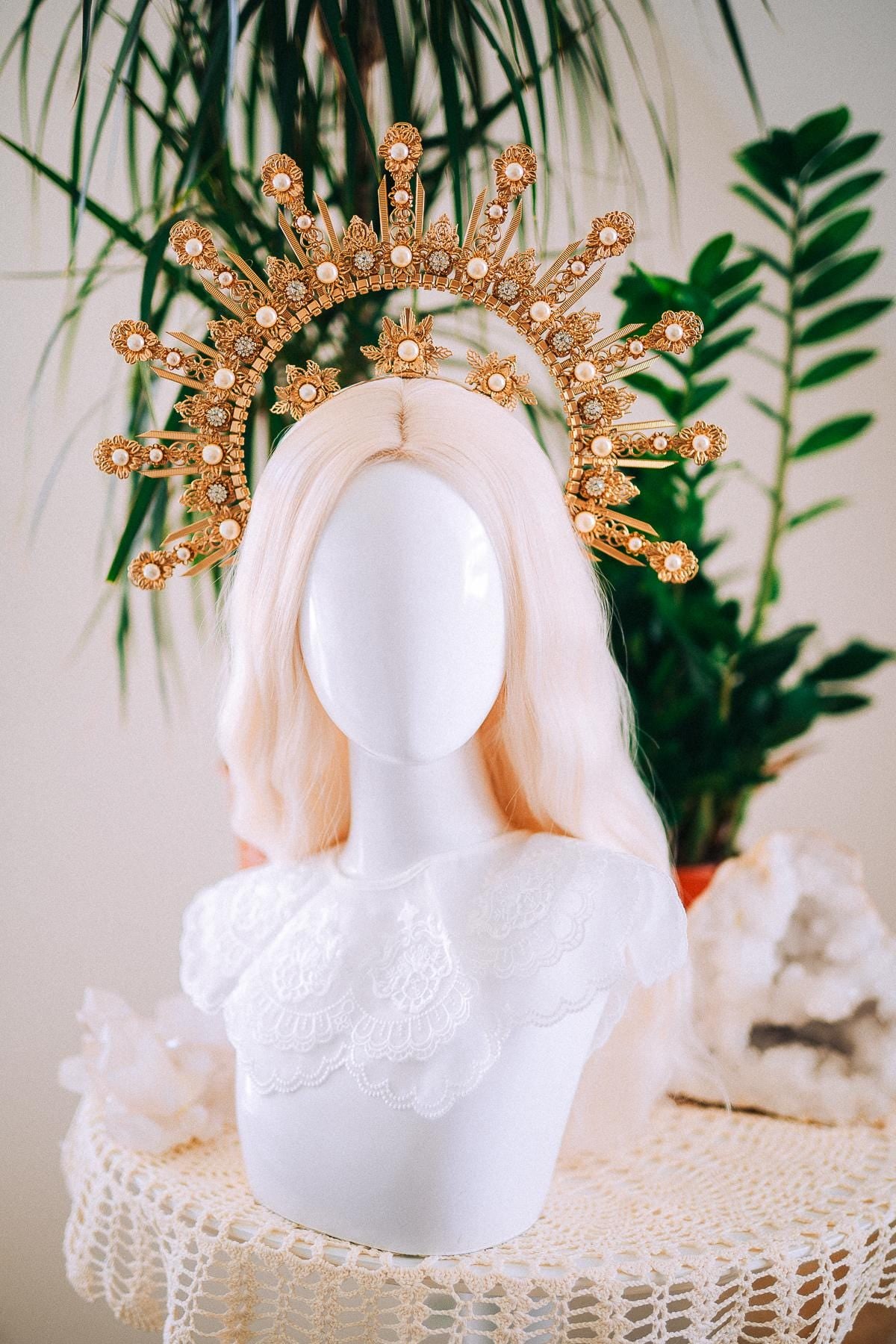Celestial Halo Crown Gold Bridal Crown Wedding Headpiece Goddess Tiara Sun Halo Crown