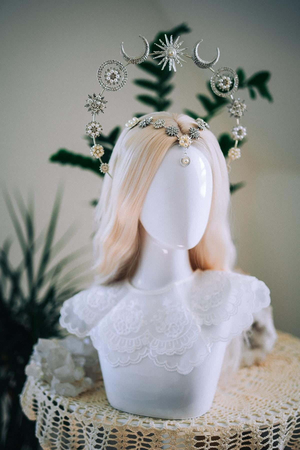 Silver Moonchild Halo Crown Celestial Bridal Crown Moon Goddess Headpiece Lunar Wedding Crown