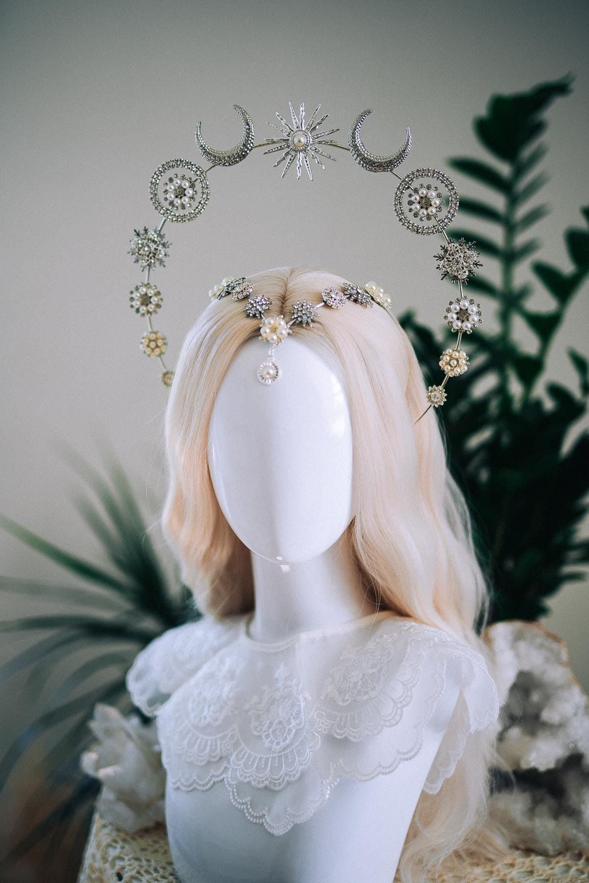 Silver Moonchild Halo Crown Celestial Bridal Crown Moon Goddess Headpiece Lunar Wedding Crown