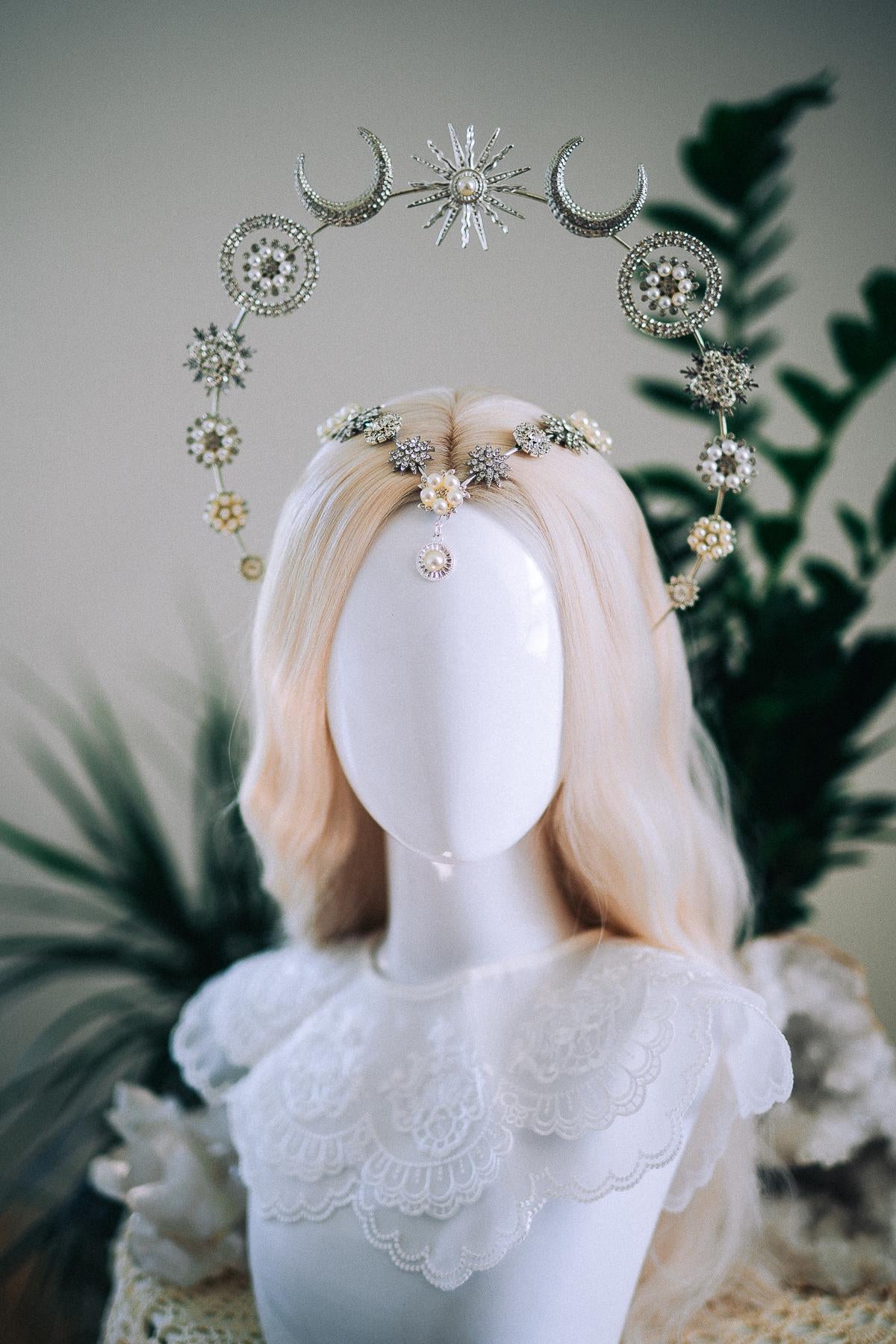 Silver Moonchild Halo Crown Celestial Bridal Crown Moon Goddess Headpiece Lunar Wedding Crown
