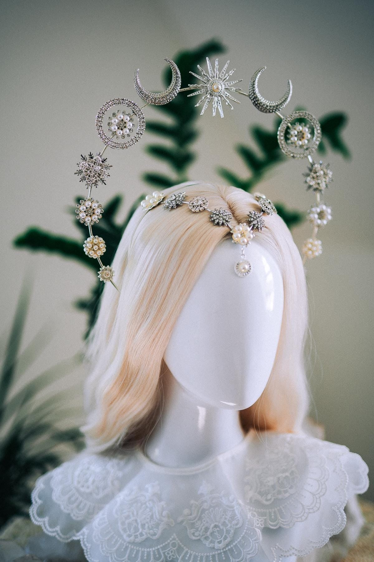 Silver Moonchild Halo Crown Celestial Bridal Crown Moon Goddess Headpiece Lunar Wedding Crown