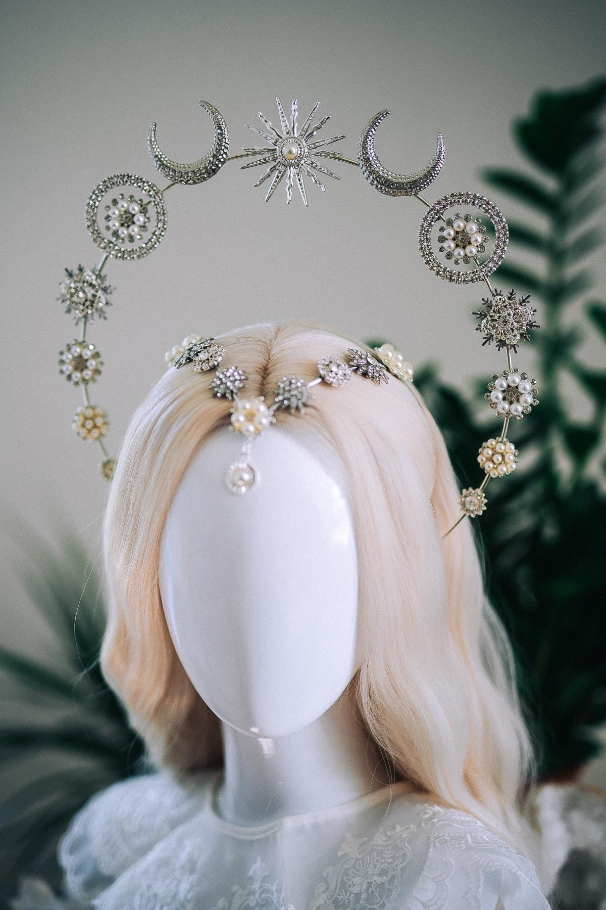 Silver Moonchild Halo Crown Celestial Bridal Crown Moon Goddess Headpiece Lunar Wedding Crown