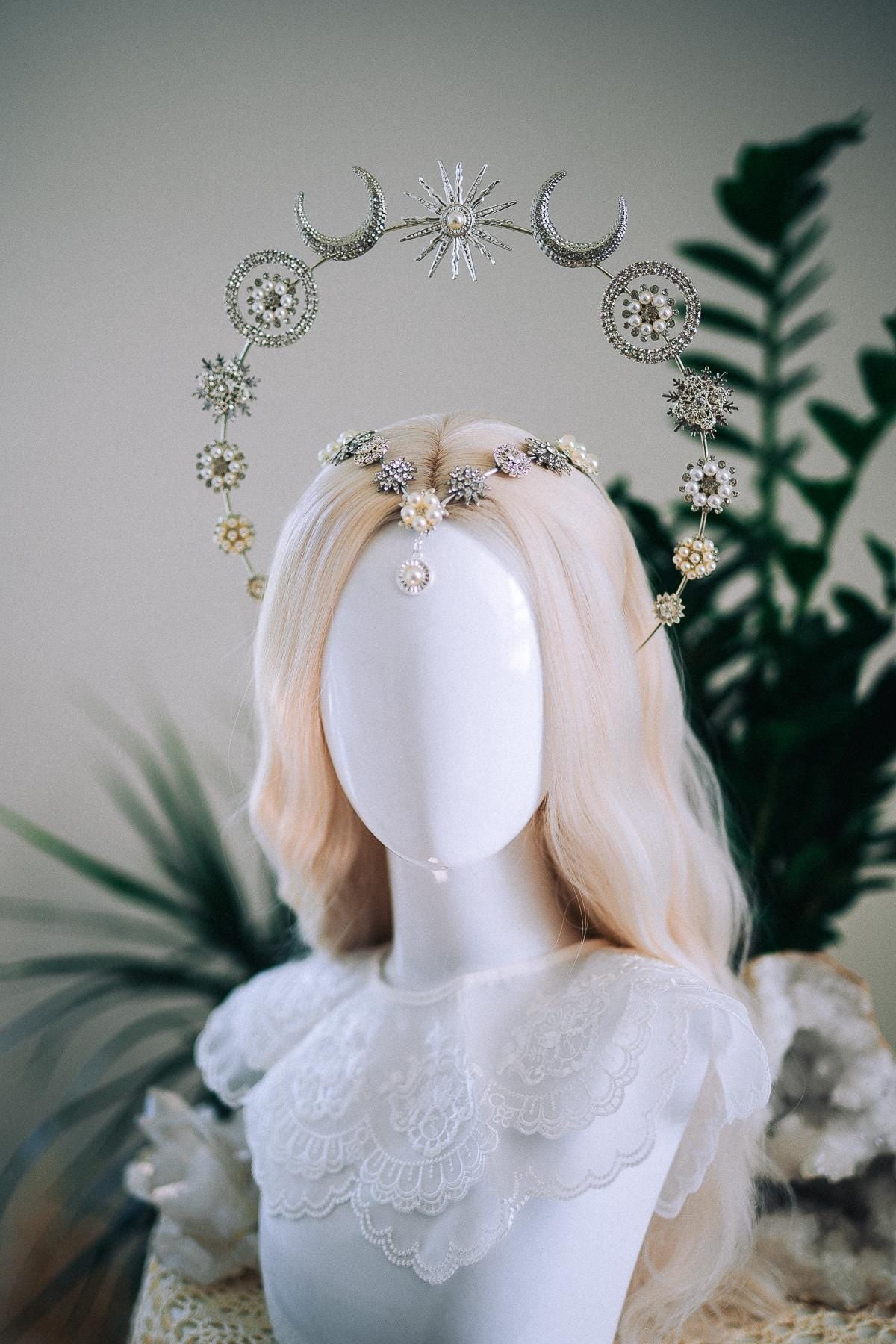 Silver Moonchild Halo Crown Celestial Bridal Crown Moon Goddess Headpiece Lunar Wedding Crown