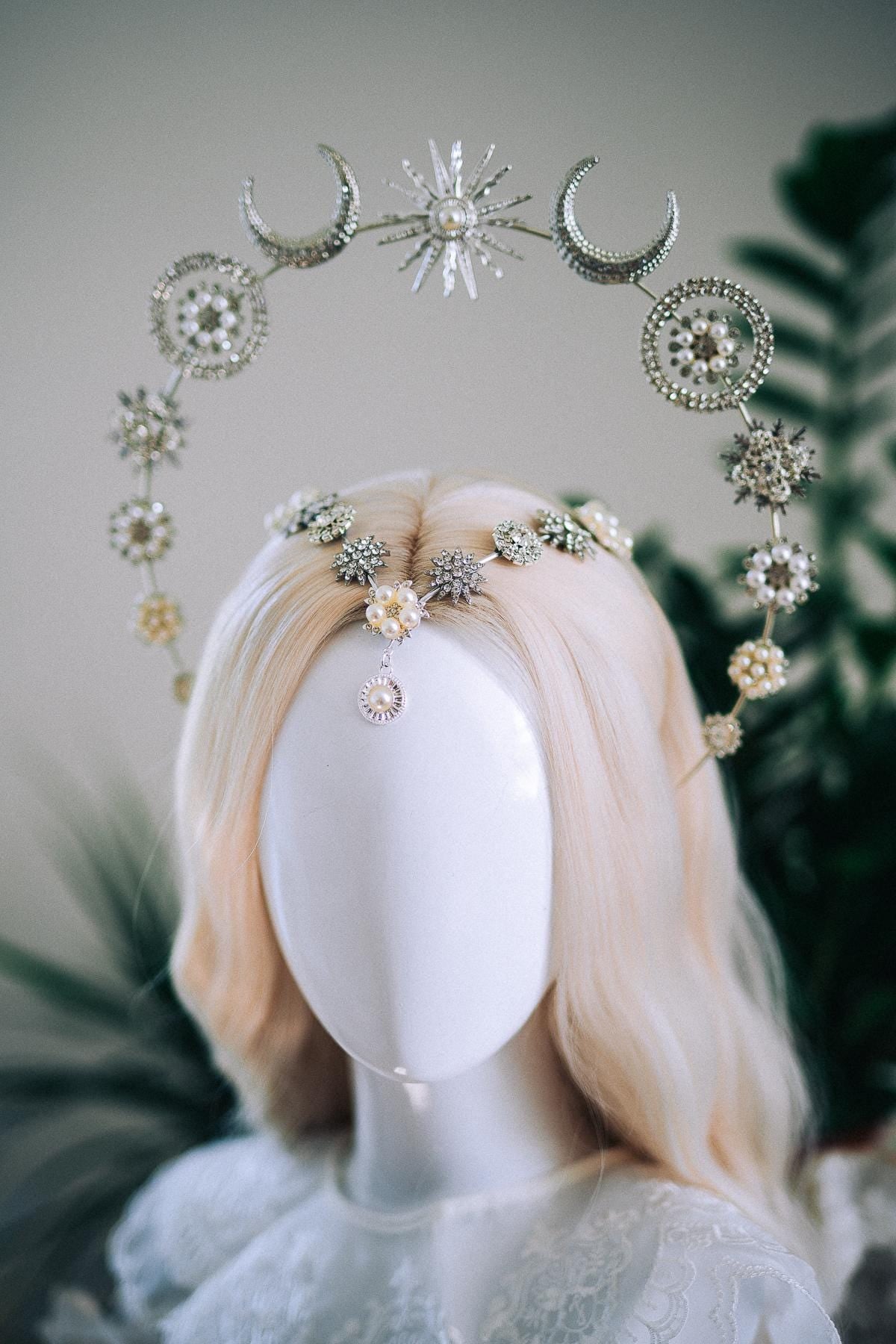 Silver Moonchild Halo Crown Celestial Bridal Crown Moon Goddess Headpiece Lunar Wedding Crown
