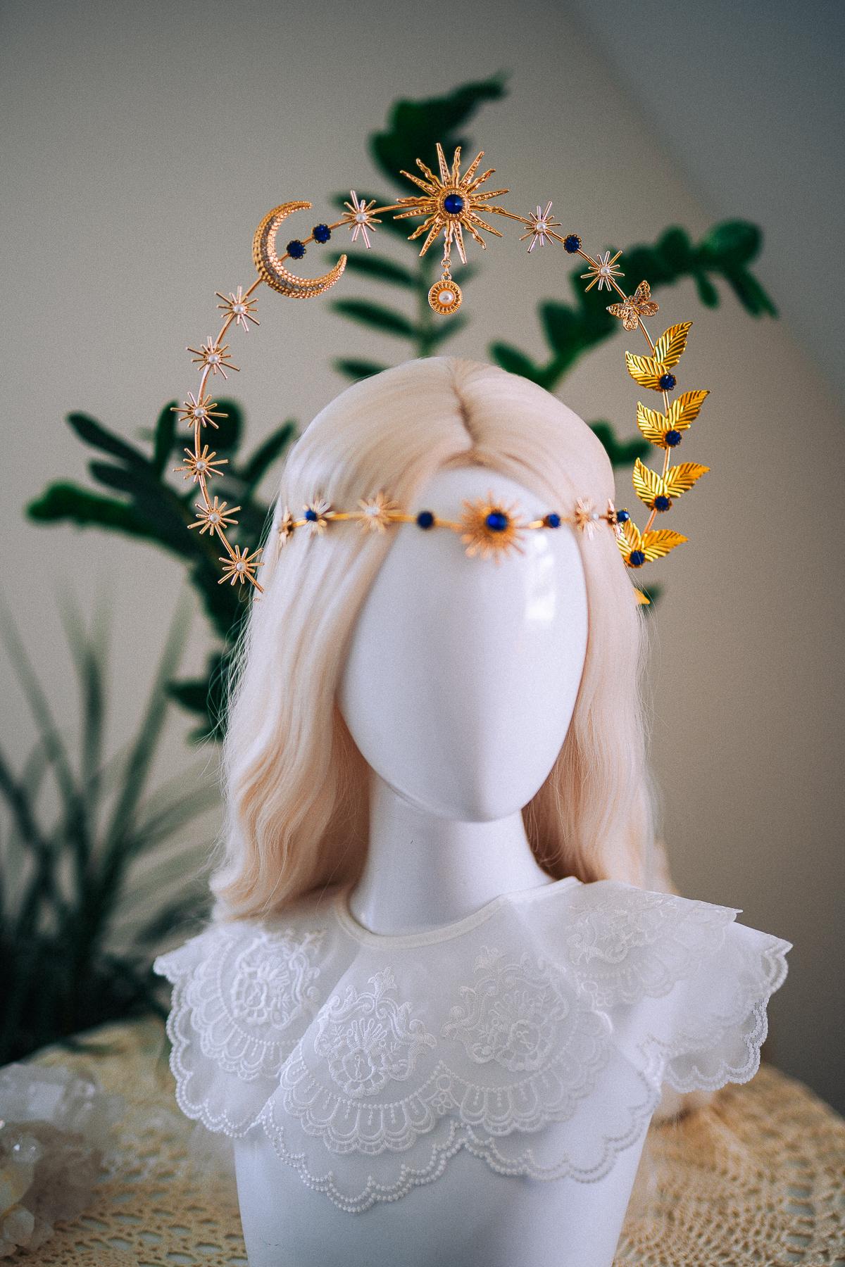 Celestial Moon Goddess Halo Crown Gold Moon Crown Sun And Moon Headpiece Lunar Wedding Crown