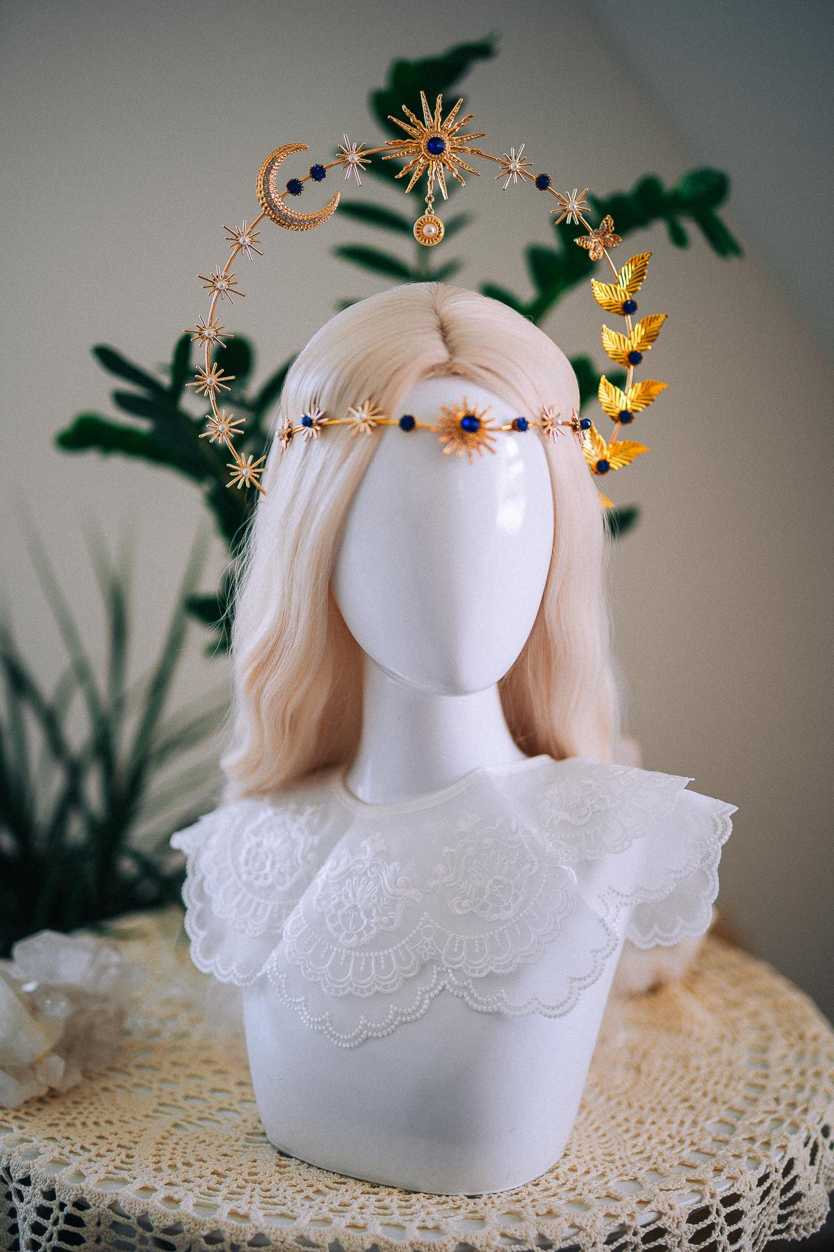 Celestial Moon Goddess Halo Crown Gold Moon Crown Sun And Moon Headpiece Lunar Wedding Crown