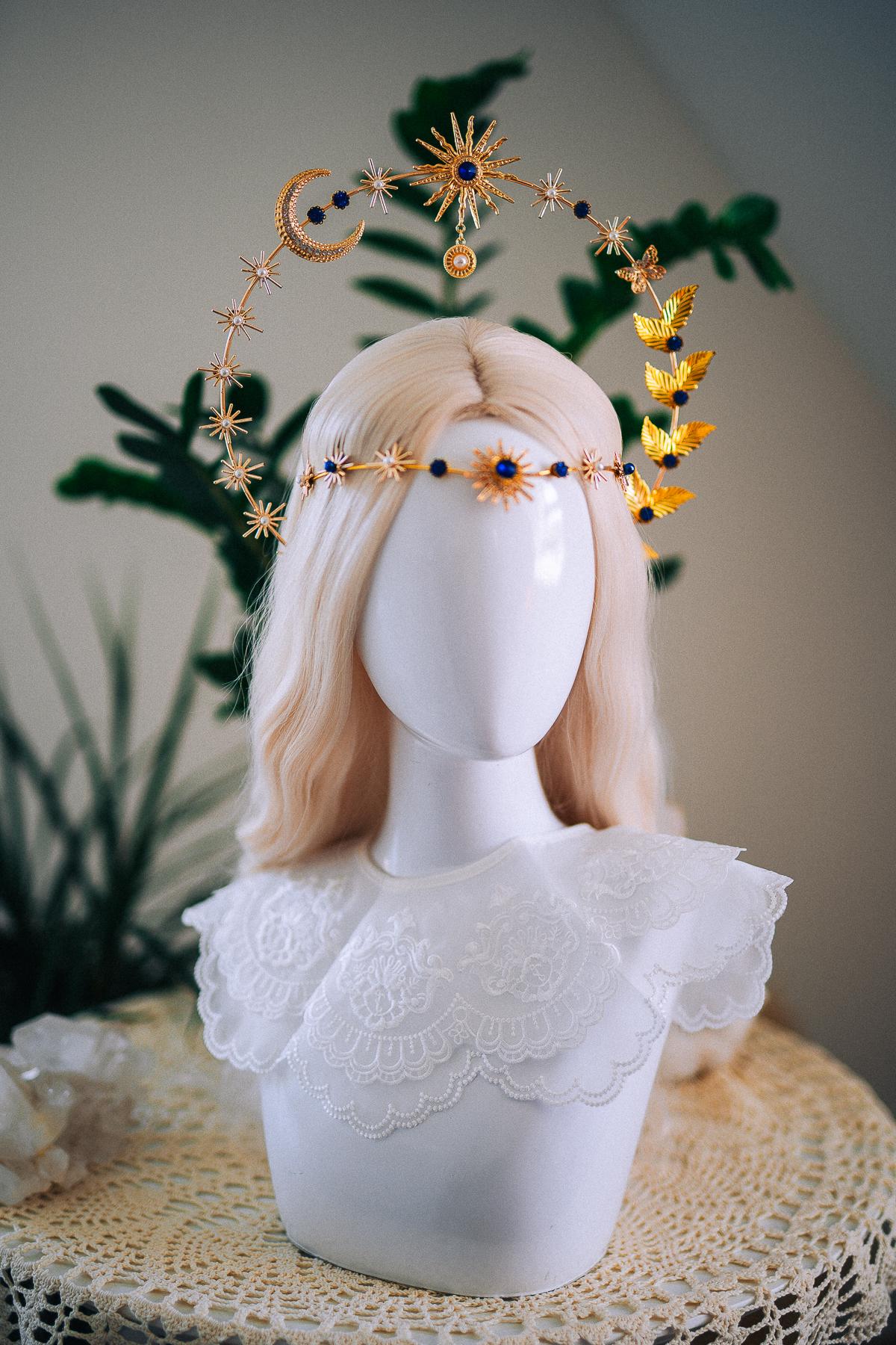 Celestial Moon Goddess Halo Crown Gold Moon Crown Sun And Moon Headpiece Lunar Wedding Crown