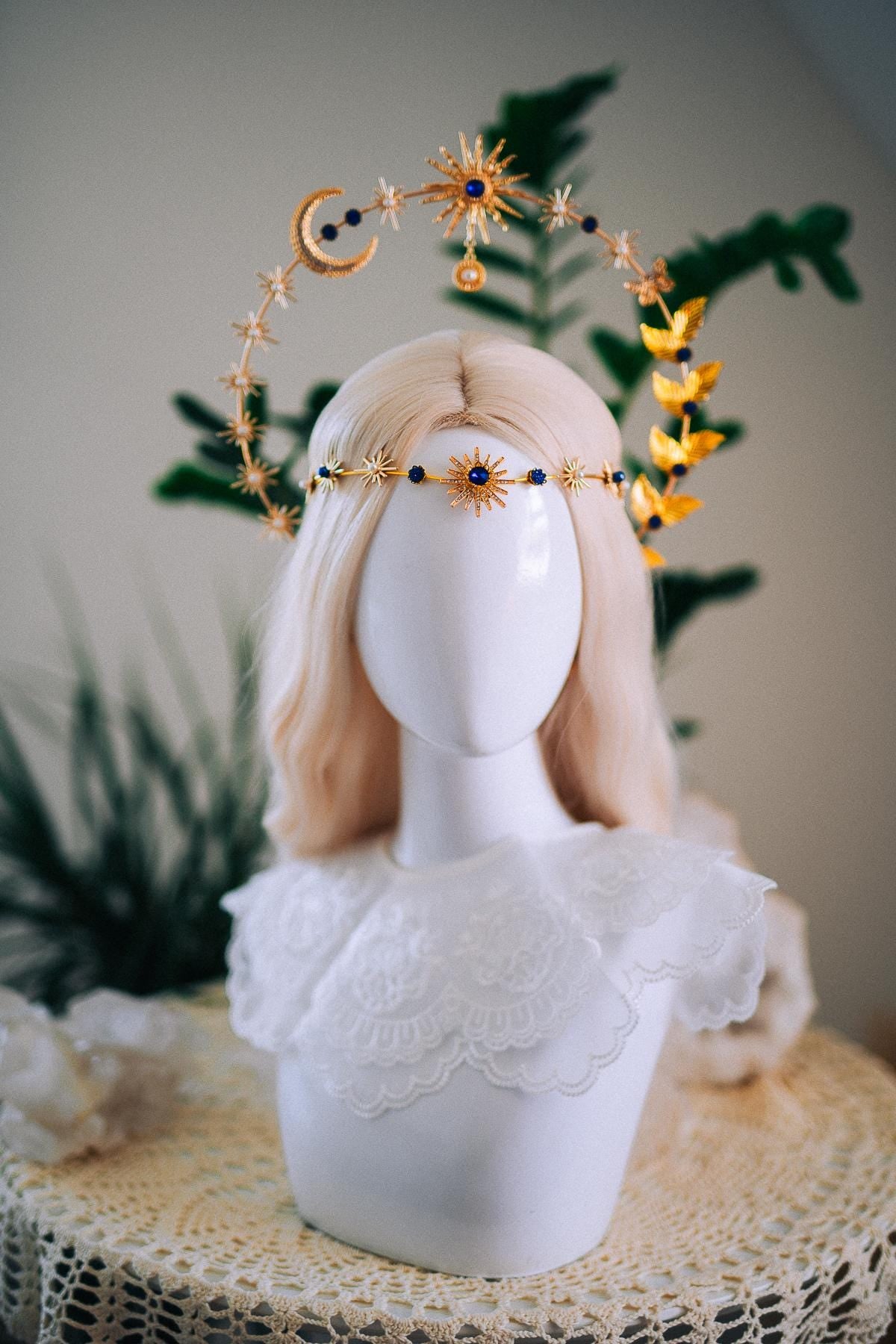 Celestial Moon Goddess Halo Crown Gold Moon Crown Sun And Moon Headpiece Lunar Wedding Crown