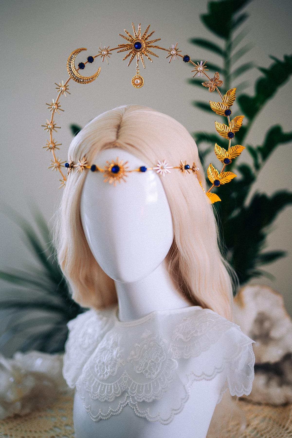 Celestial Moon Goddess Halo Crown Gold Moon Crown Sun And Moon Headpiece Lunar Wedding Crown