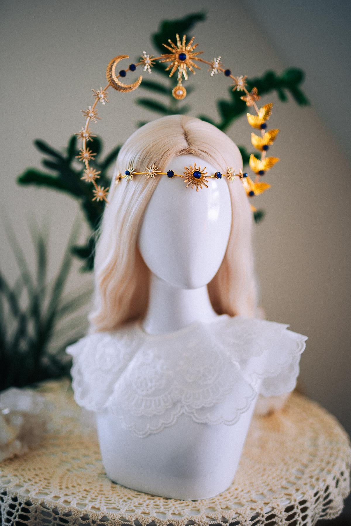 Celestial Moon Goddess Halo Crown Gold Moon Crown Sun And Moon Headpiece Lunar Wedding Crown