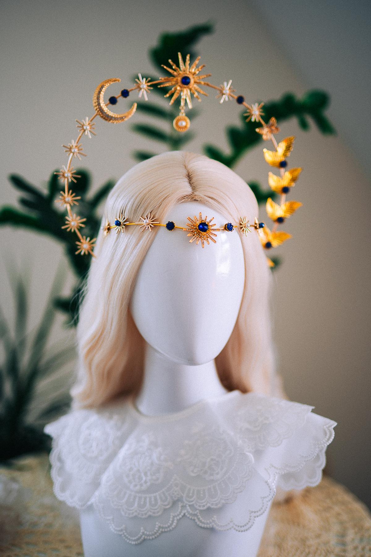 Celestial Moon Goddess Halo Crown Gold Moon Crown Sun And Moon Headpiece Lunar Wedding Crown