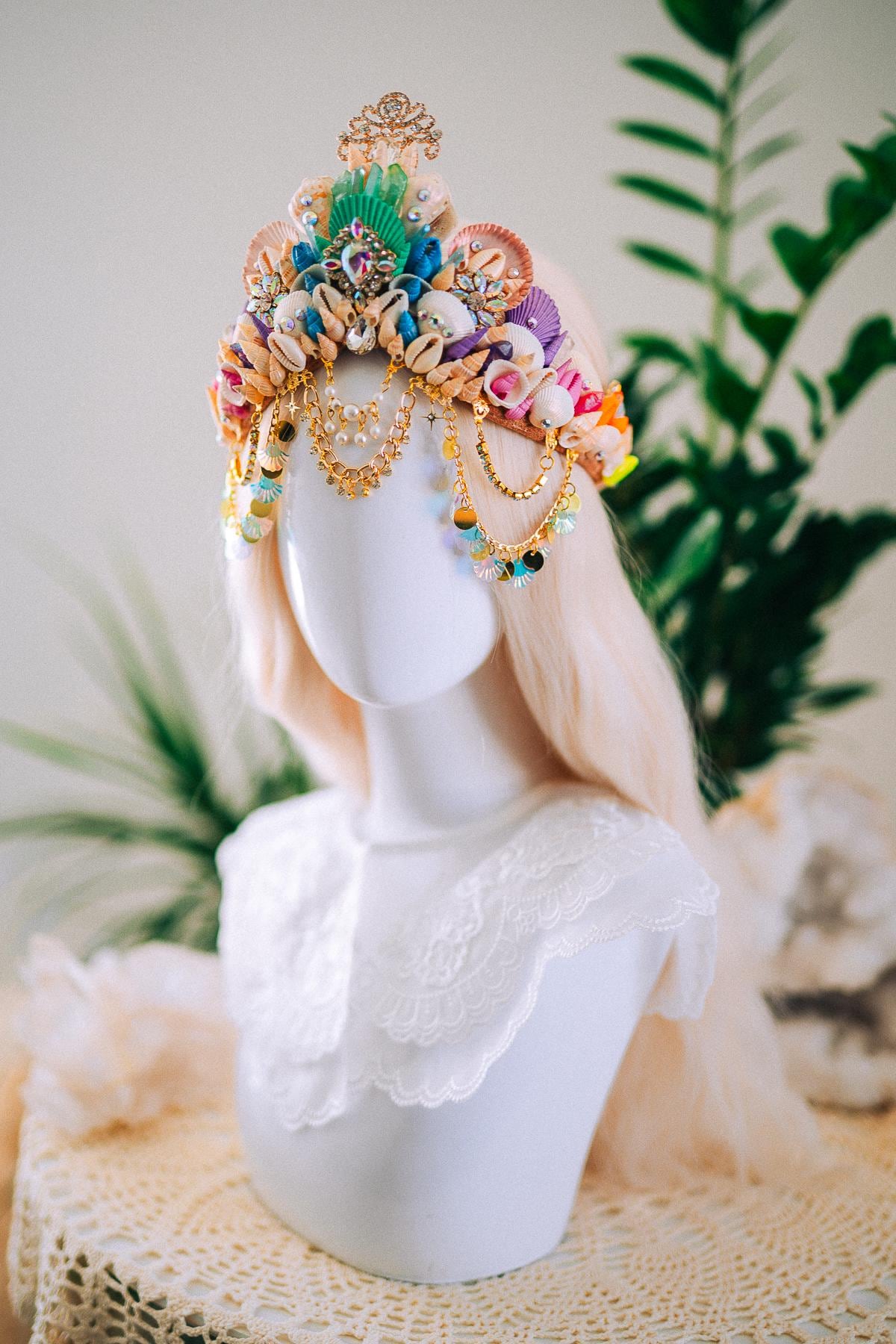 Rainbow Mermaid Crown Seashell Tiara Ocean Goddess Headpiece Pastel Mermaid Crown