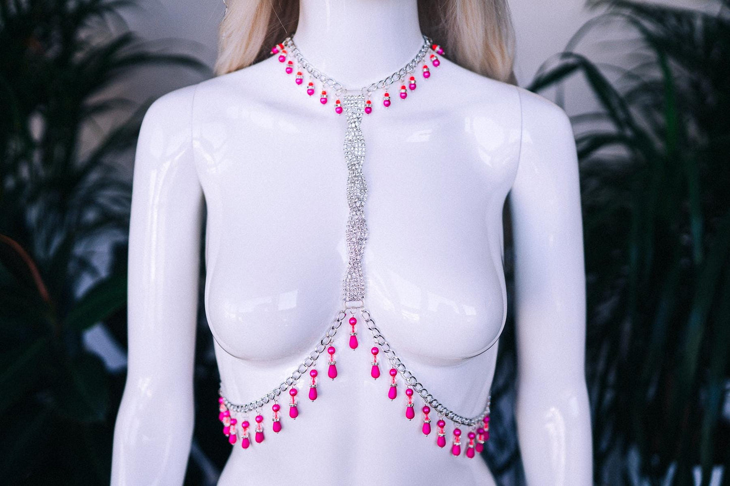 Neon Pink Festival Harness UV Rave Body Chain Goddess Costume Accessory