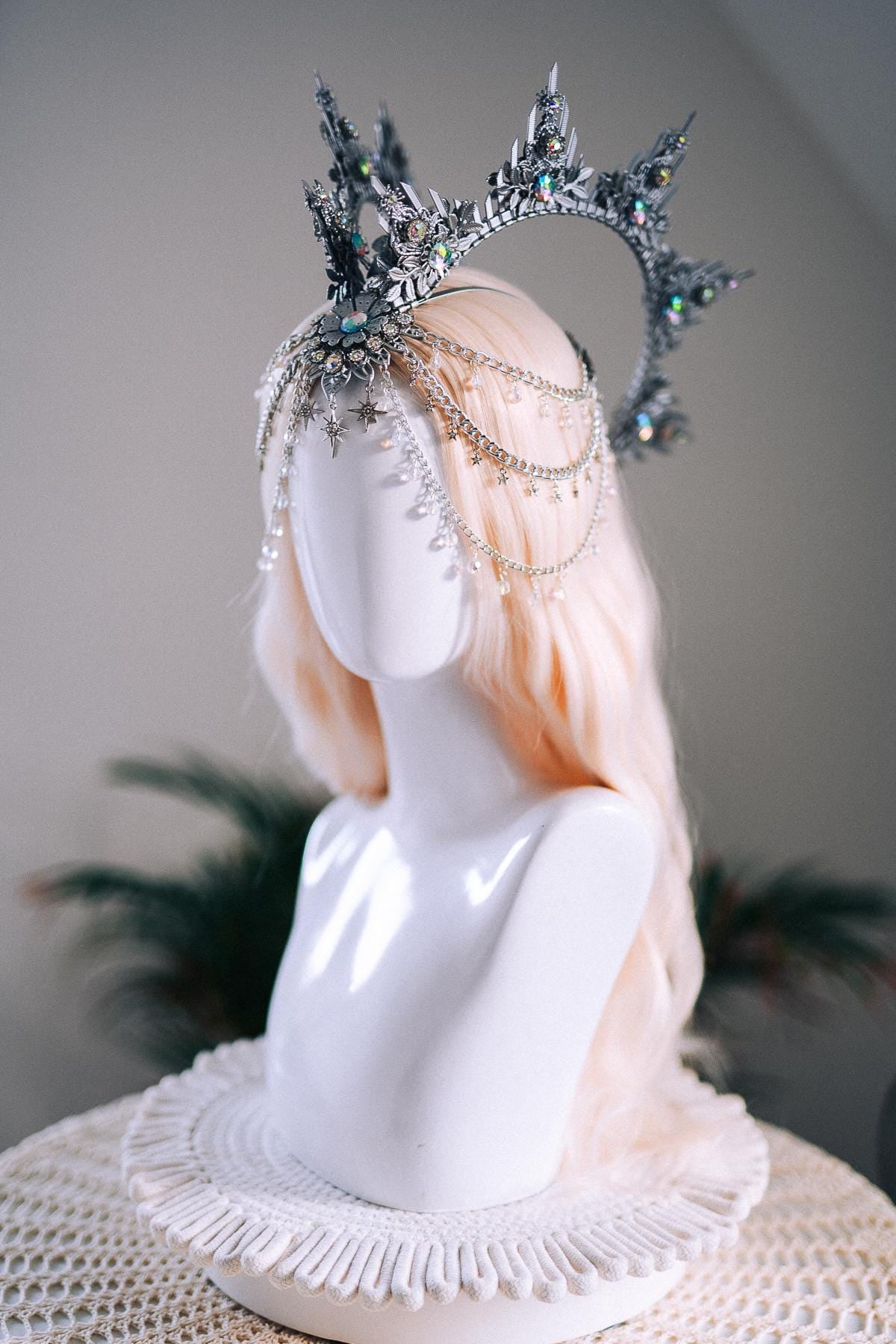 Silver Celestial Halo Crown Crystal Festival Headpiece Moon Goddess Crown