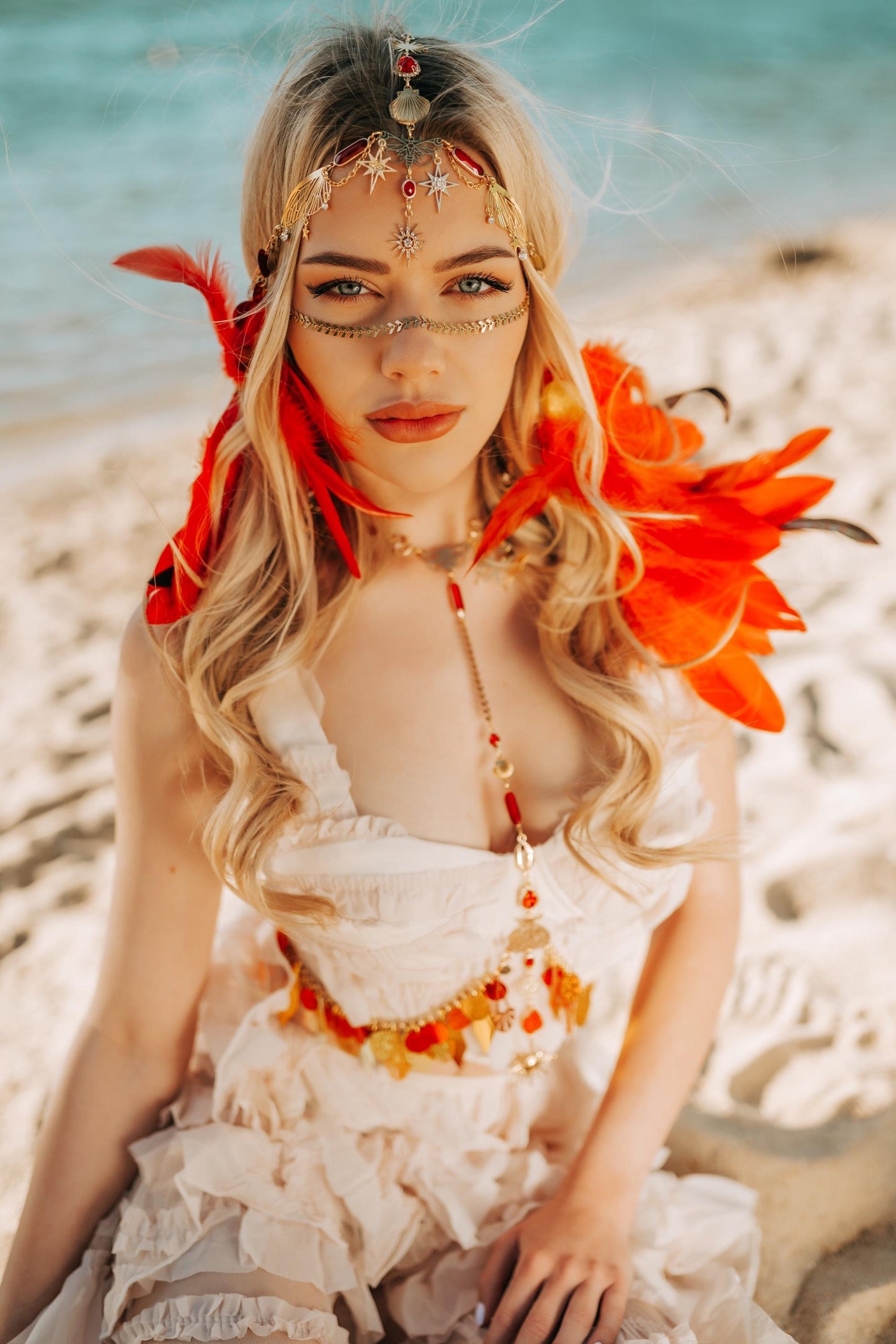 Celestial Phoenix Festival Harness Red Feather Goddess Belt