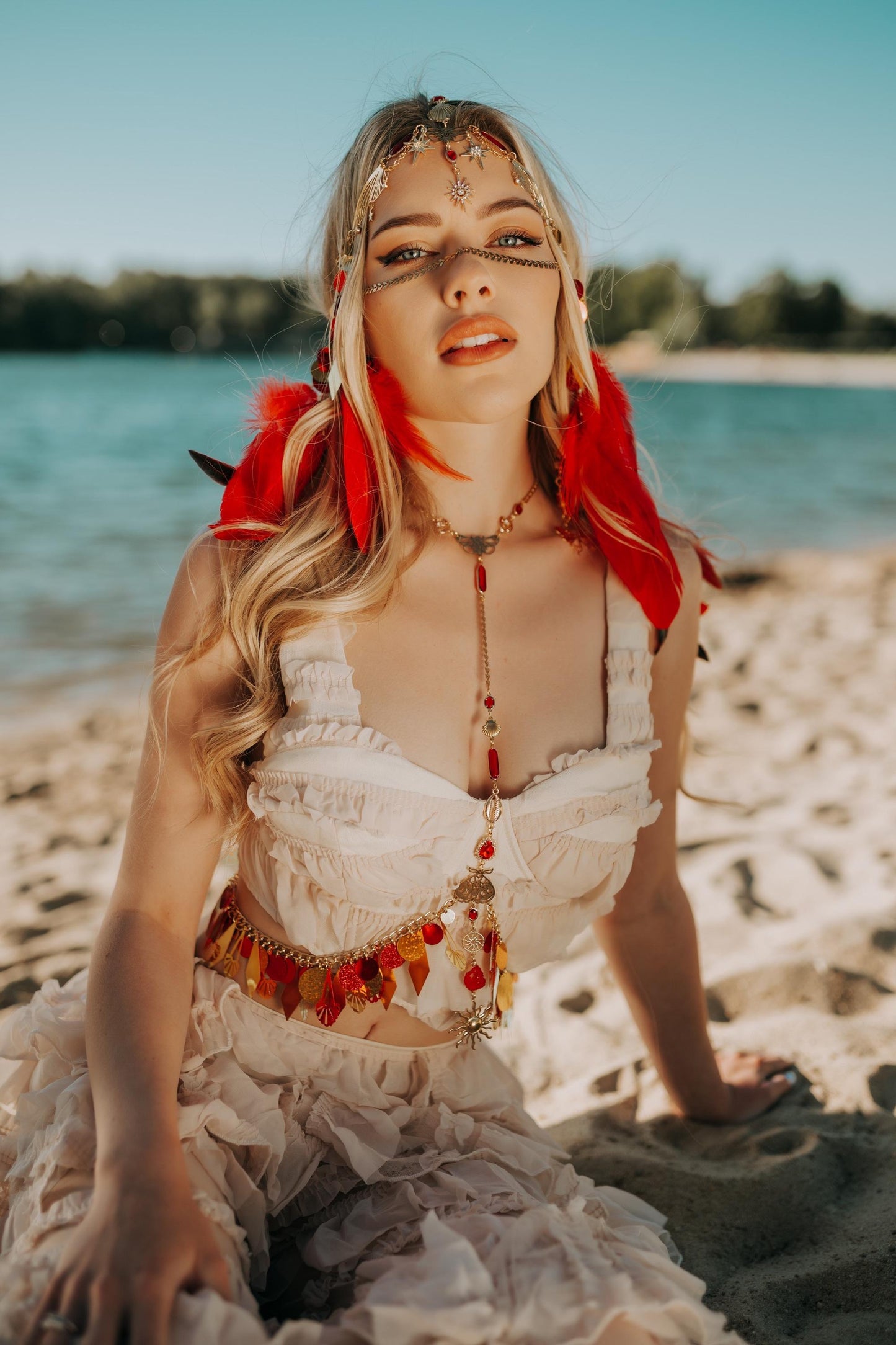 Celestial Phoenix Feather Headpiece Red Festival Goddess Crown