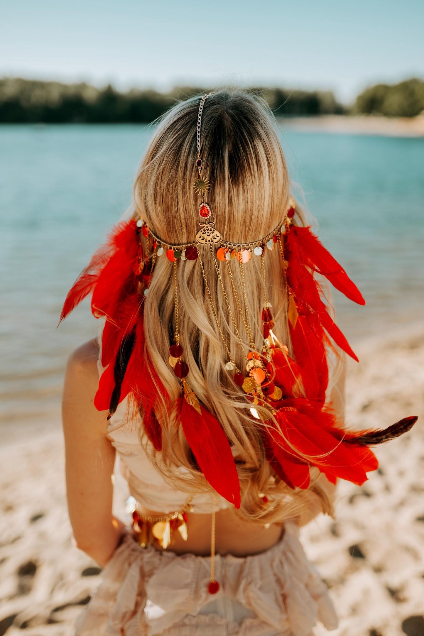 Celestial Phoenix Feather Headpiece Red Festival Goddess Crown