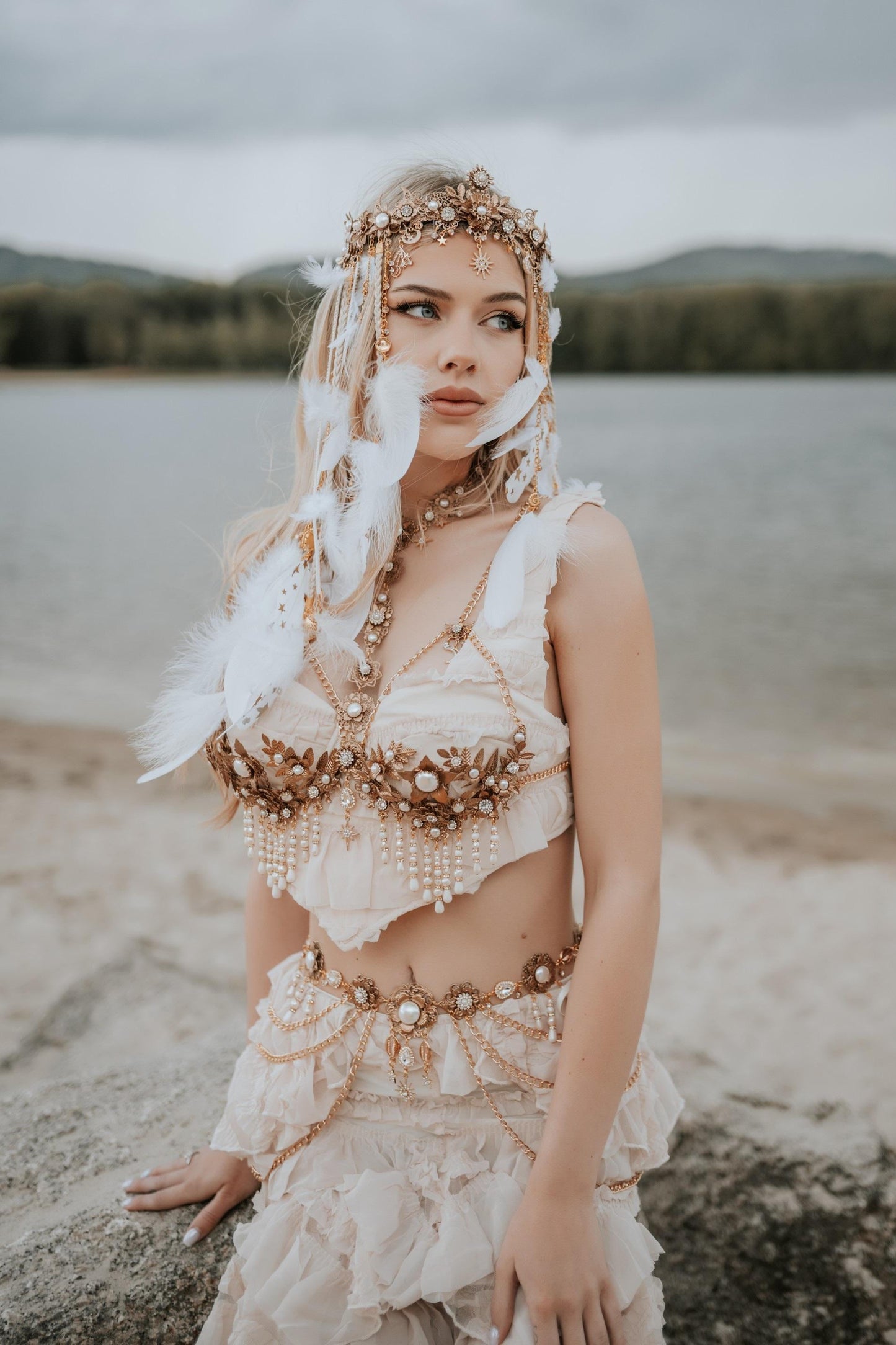 Celestial Moon Goddess Crown Pearl Feather Festival Headpiece