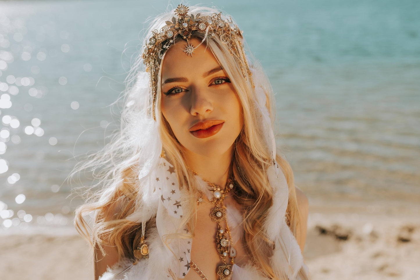 Celestial Moon Goddess Crown Pearl Feather Festival Headpiece