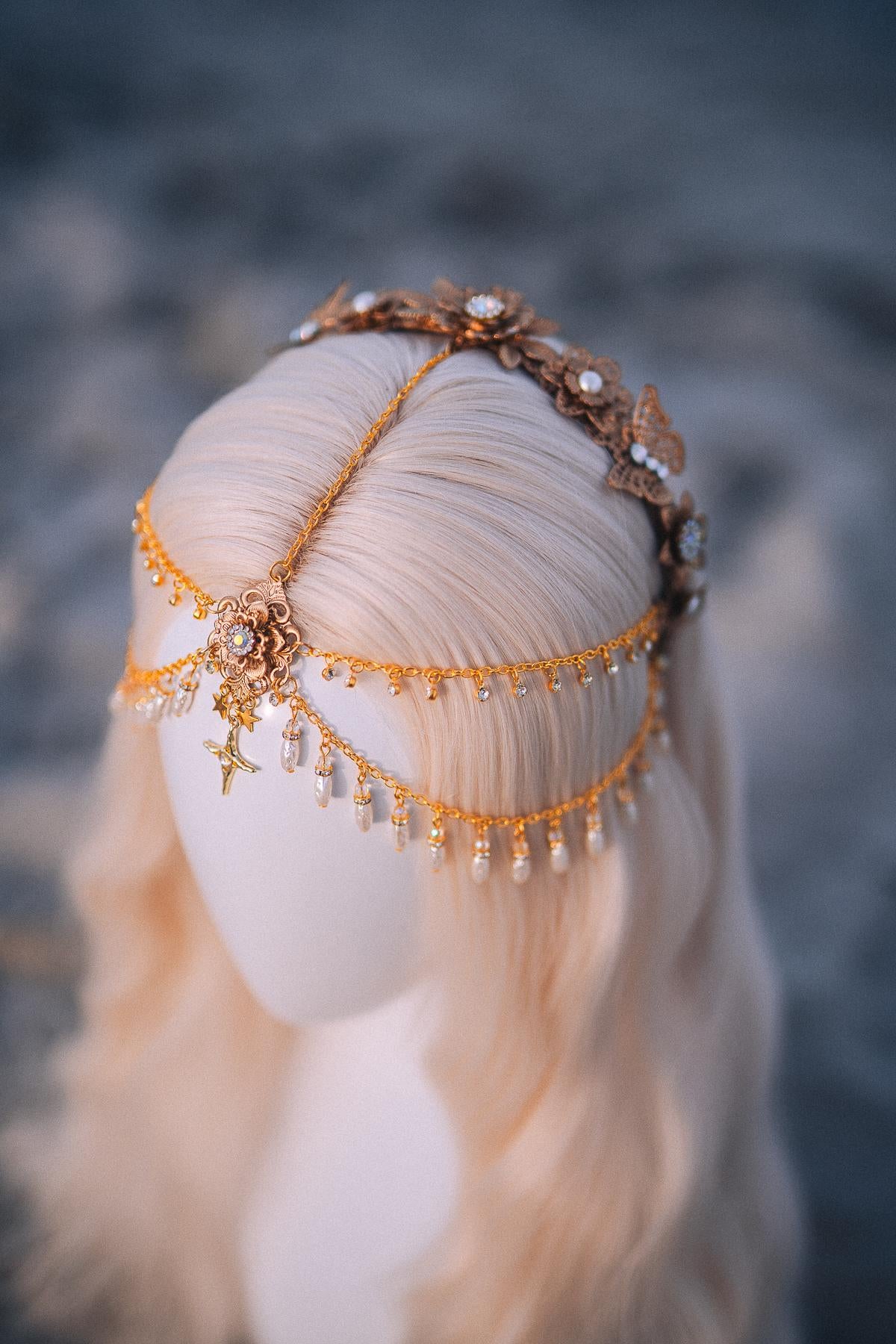 Celestial Pearl Bridal Tiara Gold Butterfly Wedding Headpiece Beach Bride Crown