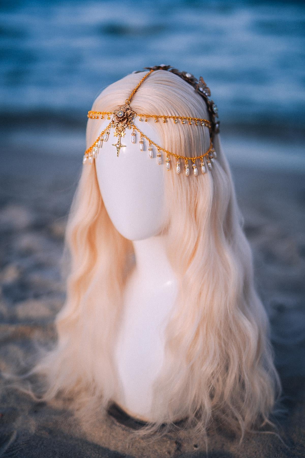Celestial Pearl Bridal Tiara Gold Butterfly Wedding Headpiece Beach Bride Crown