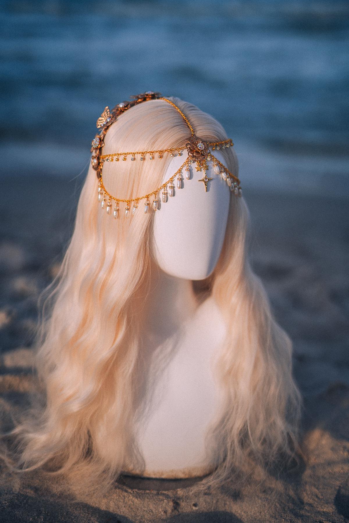 Celestial Pearl Bridal Tiara Gold Butterfly Wedding Headpiece Beach Bride Crown