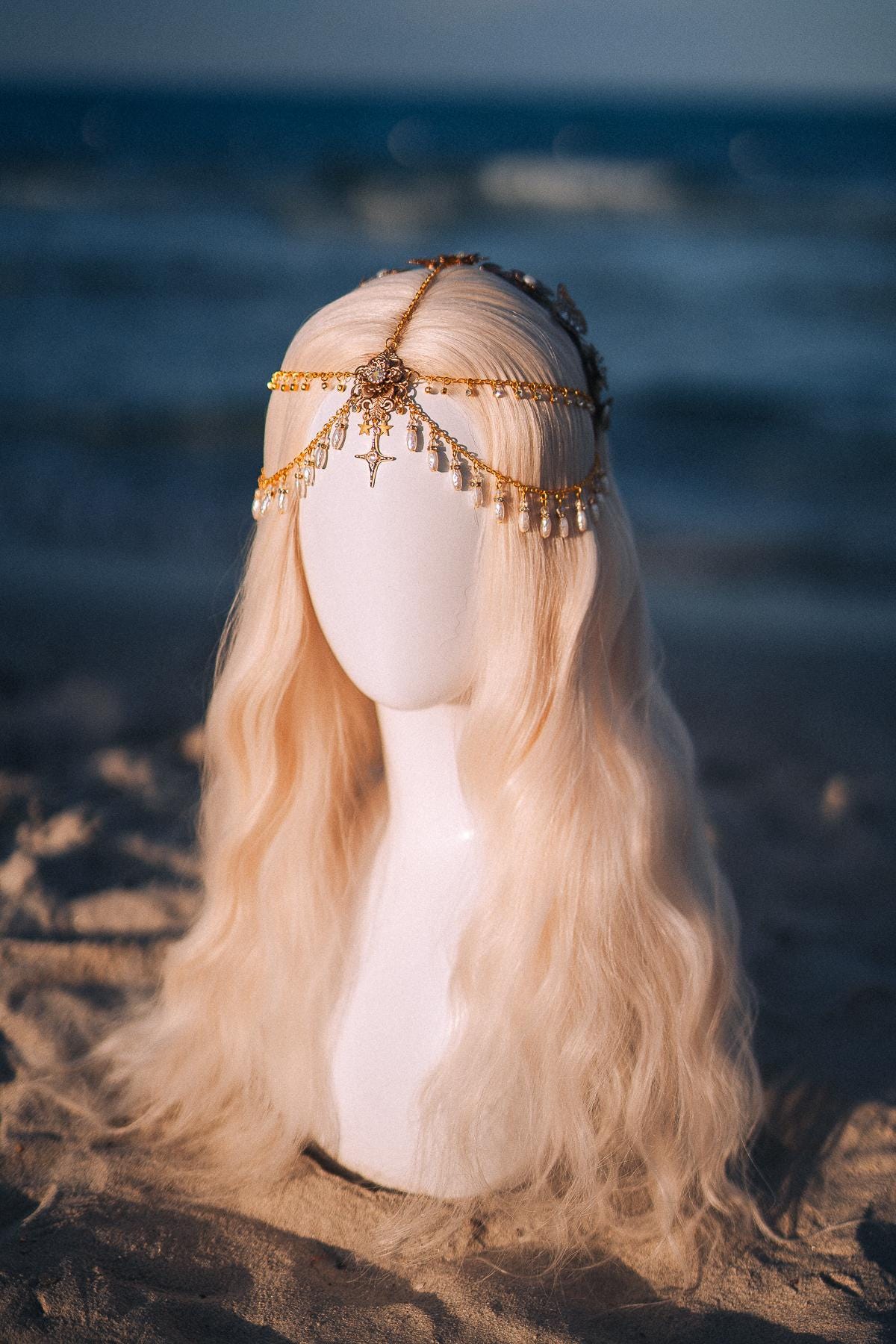 Celestial Pearl Bridal Tiara Gold Butterfly Wedding Headpiece Beach Bride Crown
