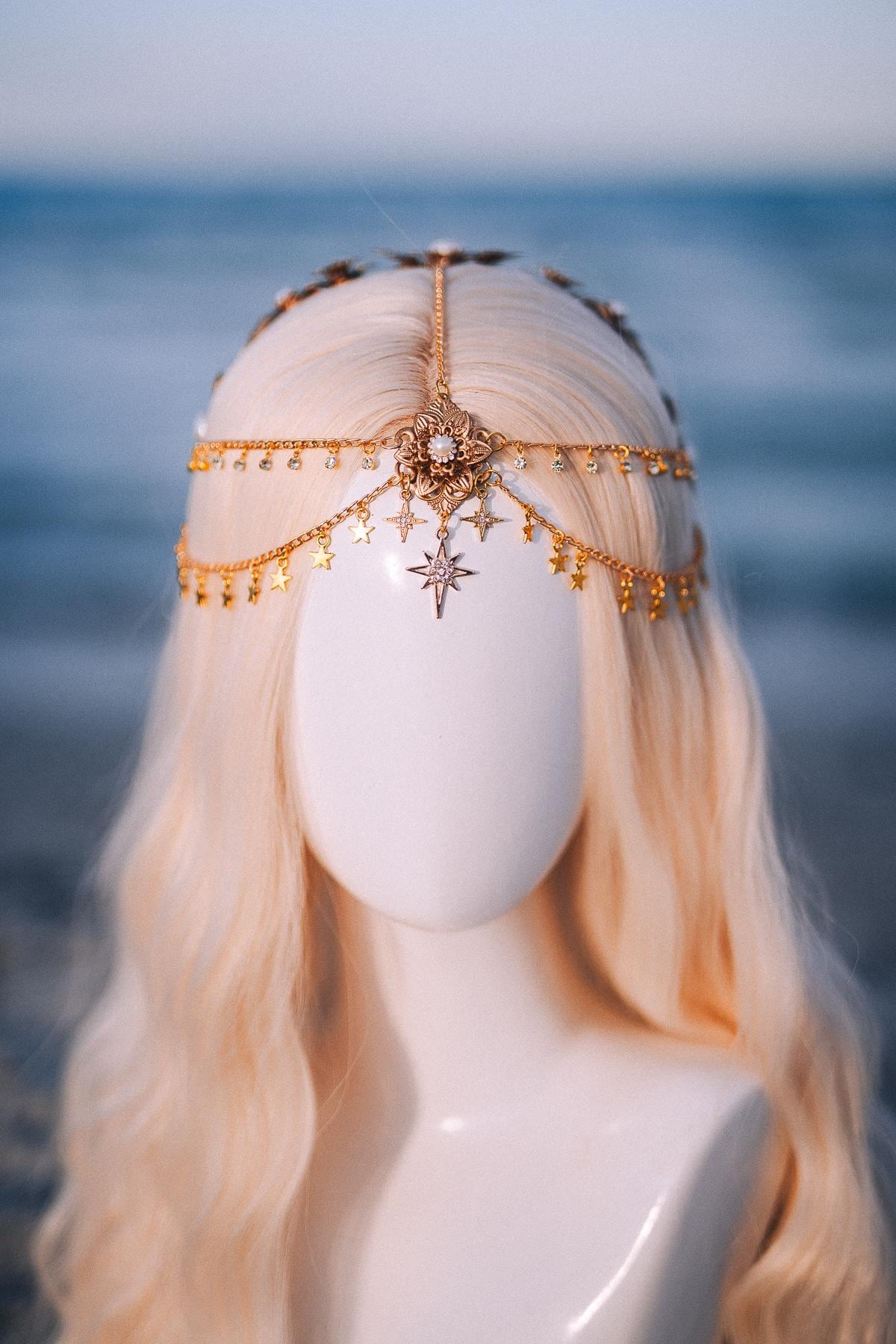 Celestial Star Bridal Tiara Gold Wedding Crown Beach Bride Headpiece
