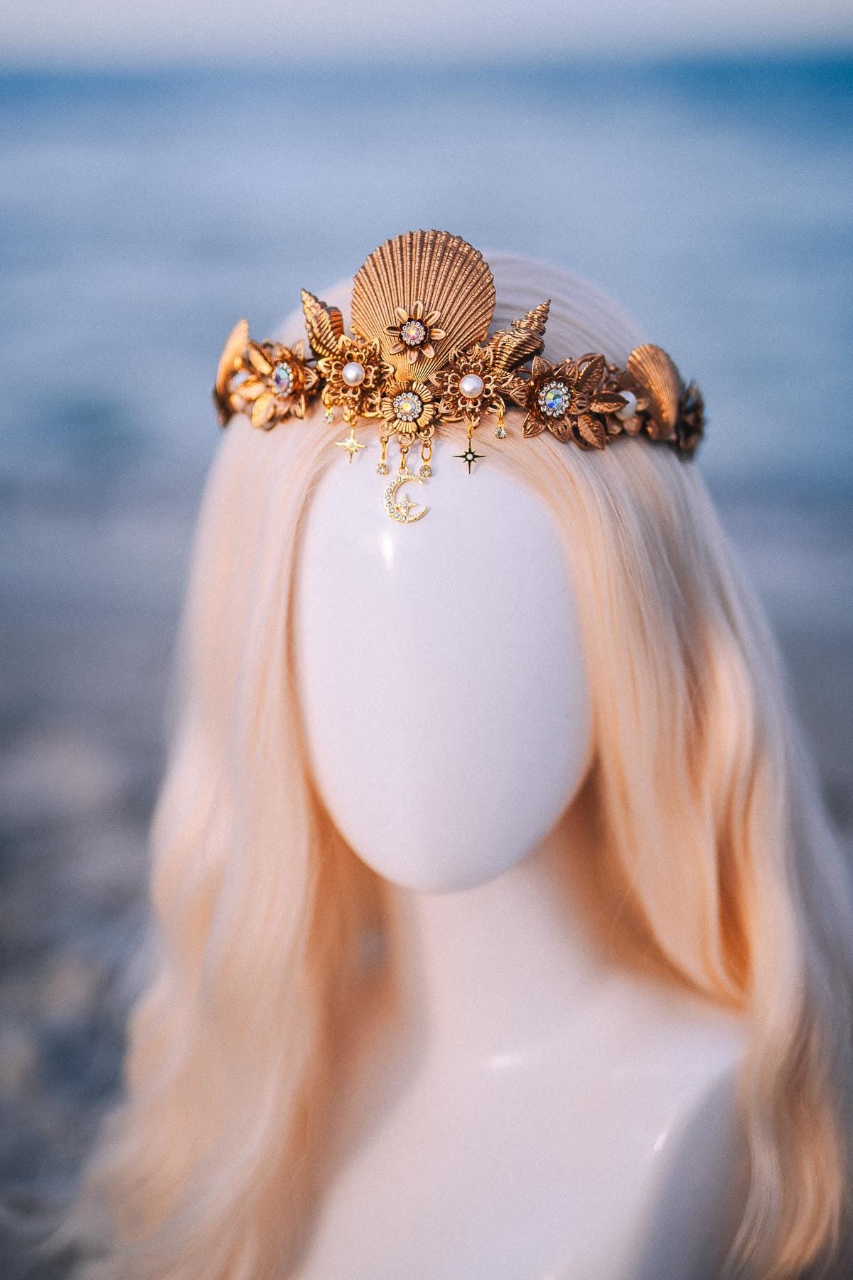 Seashell Moon Bridal Tiara Gold Beach Wedding Crown Celestial Bride Headpiece