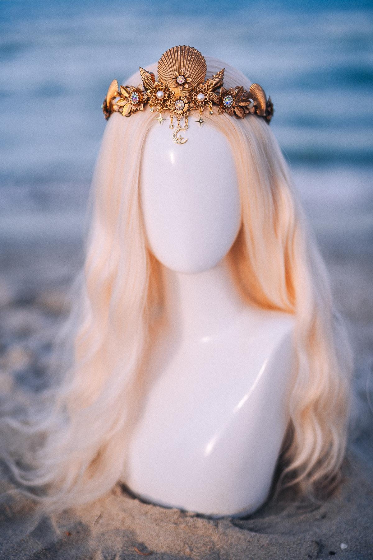 Seashell Moon Bridal Tiara Gold Beach Wedding Crown Celestial Bride Headpiece