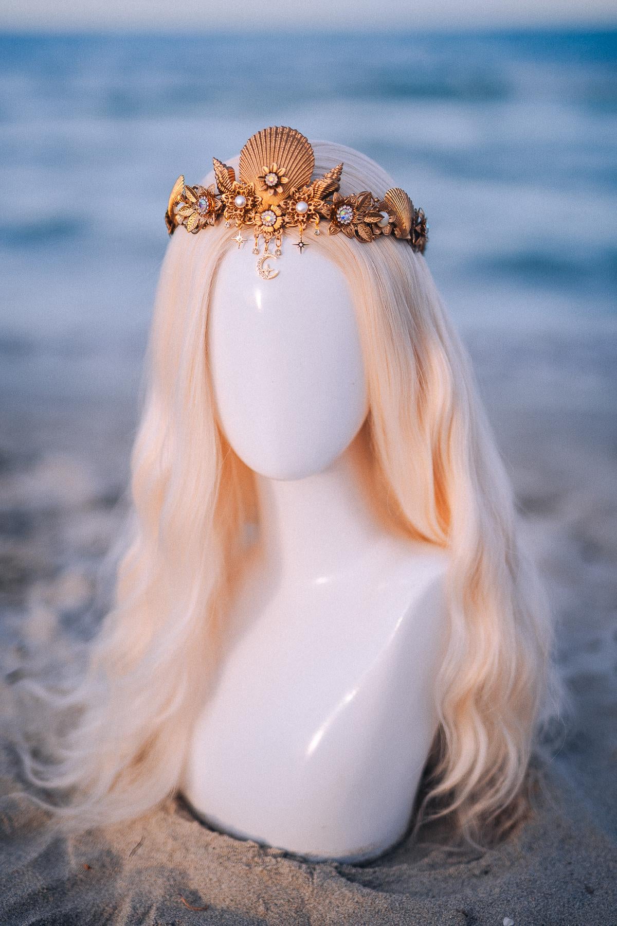 Seashell Moon Bridal Tiara Gold Beach Wedding Crown Celestial Bride Headpiece