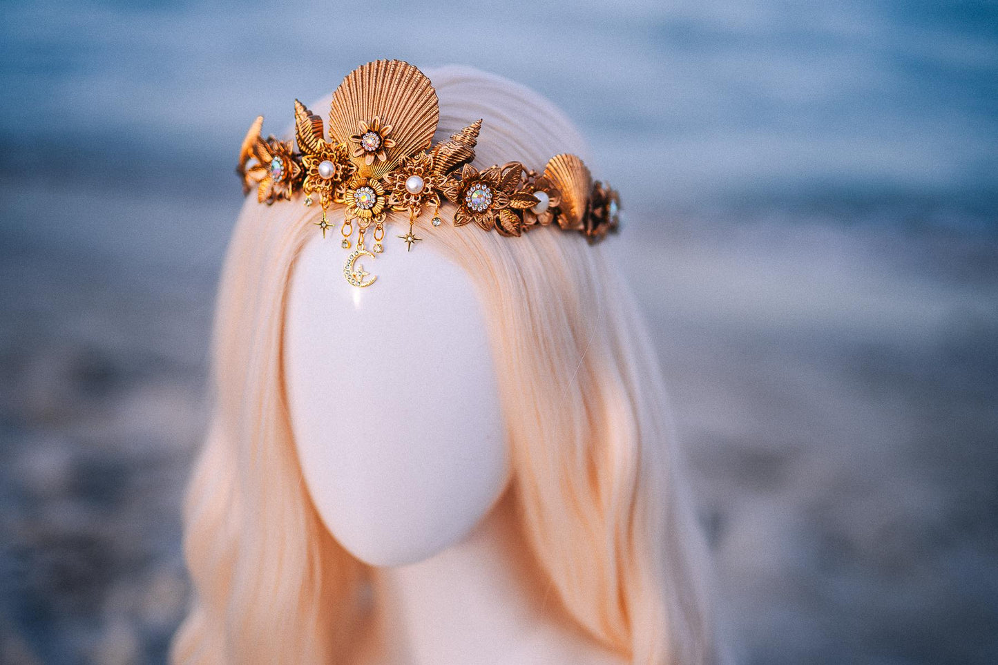 Seashell Moon Bridal Tiara Gold Beach Wedding Crown Celestial Bride Headpiece