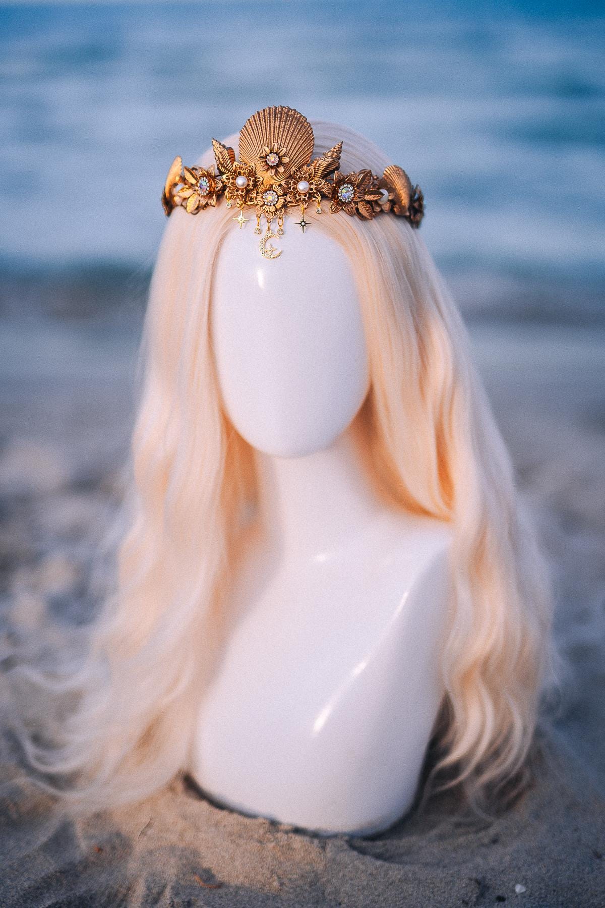 Seashell Moon Bridal Tiara Gold Beach Wedding Crown Celestial Bride Headpiece