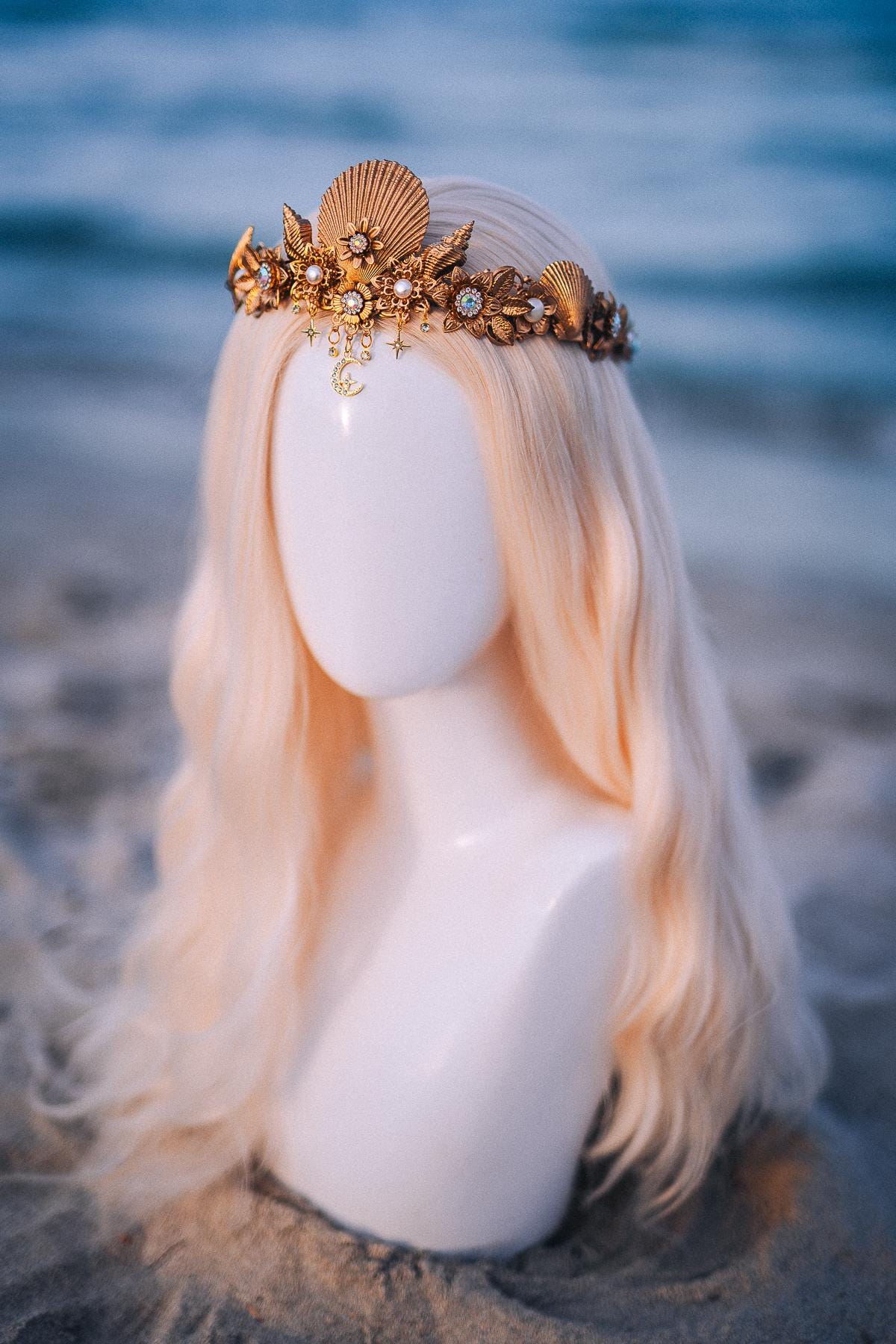 Seashell Moon Bridal Tiara Gold Beach Wedding Crown Celestial Bride Headpiece