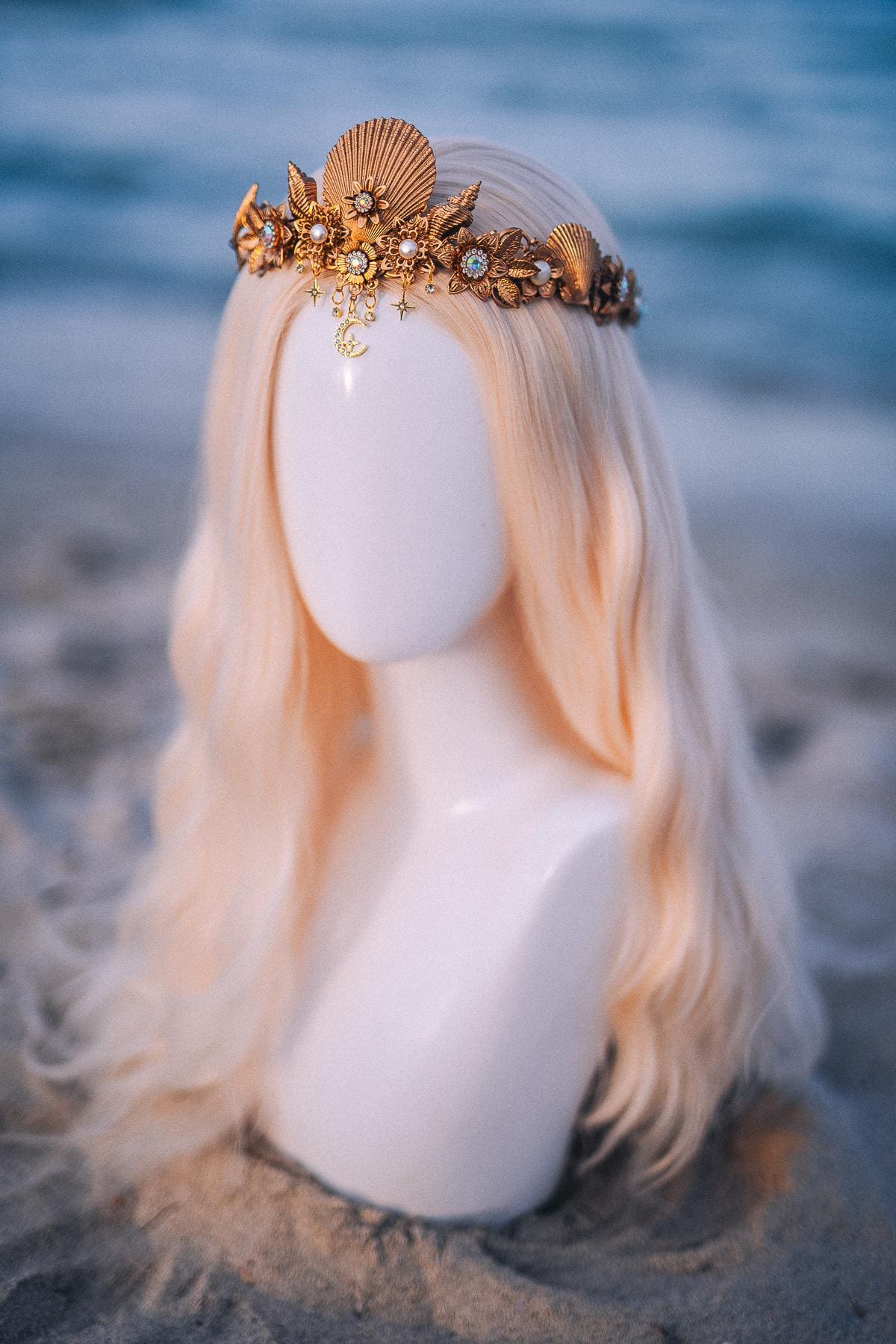 Seashell Moon Bridal Tiara Gold Beach Wedding Crown Celestial Bride Headpiece